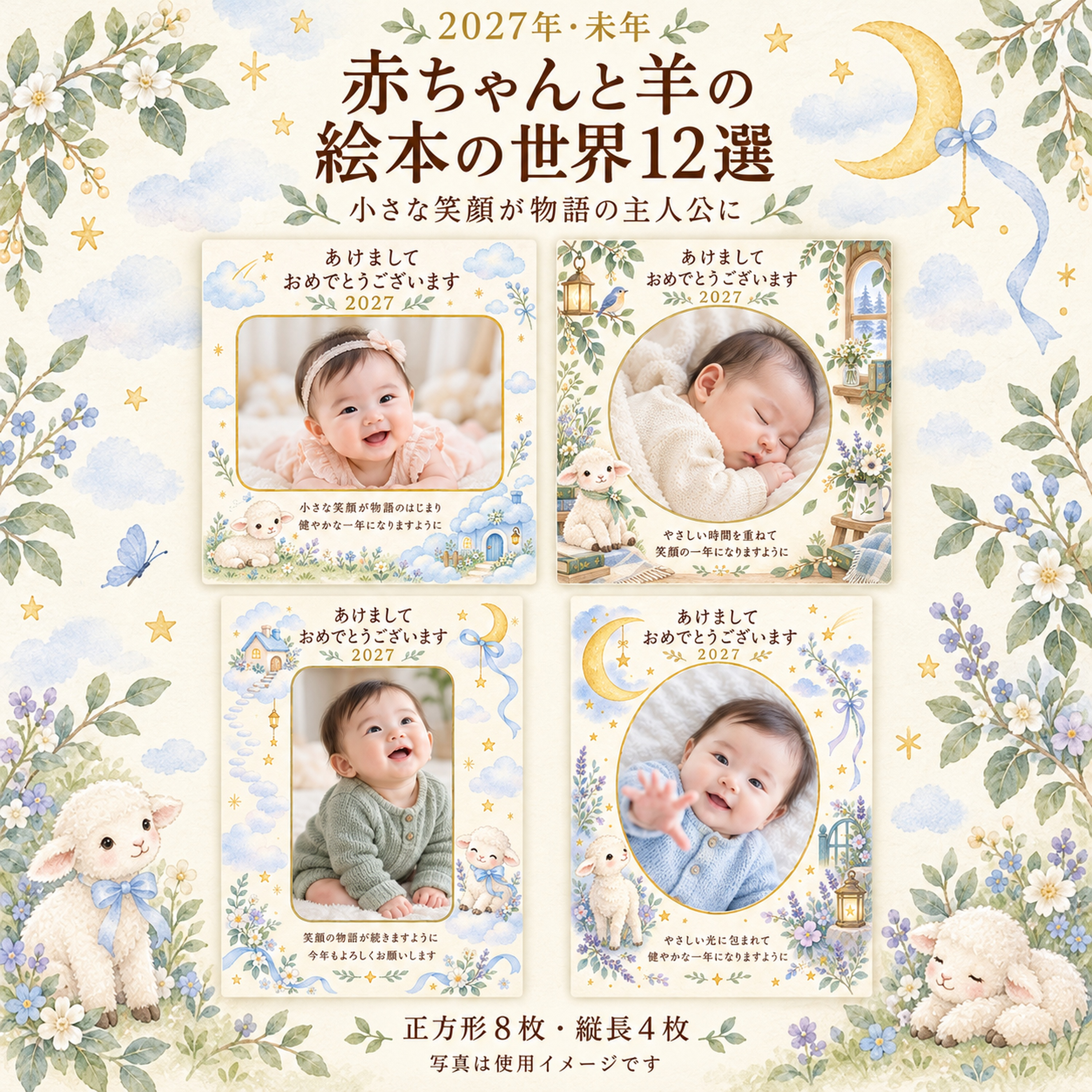 赤ちゃんと羊の絵本の世界12選｜無料写真年賀状イラスト素材 99087に写真・文字を入れる