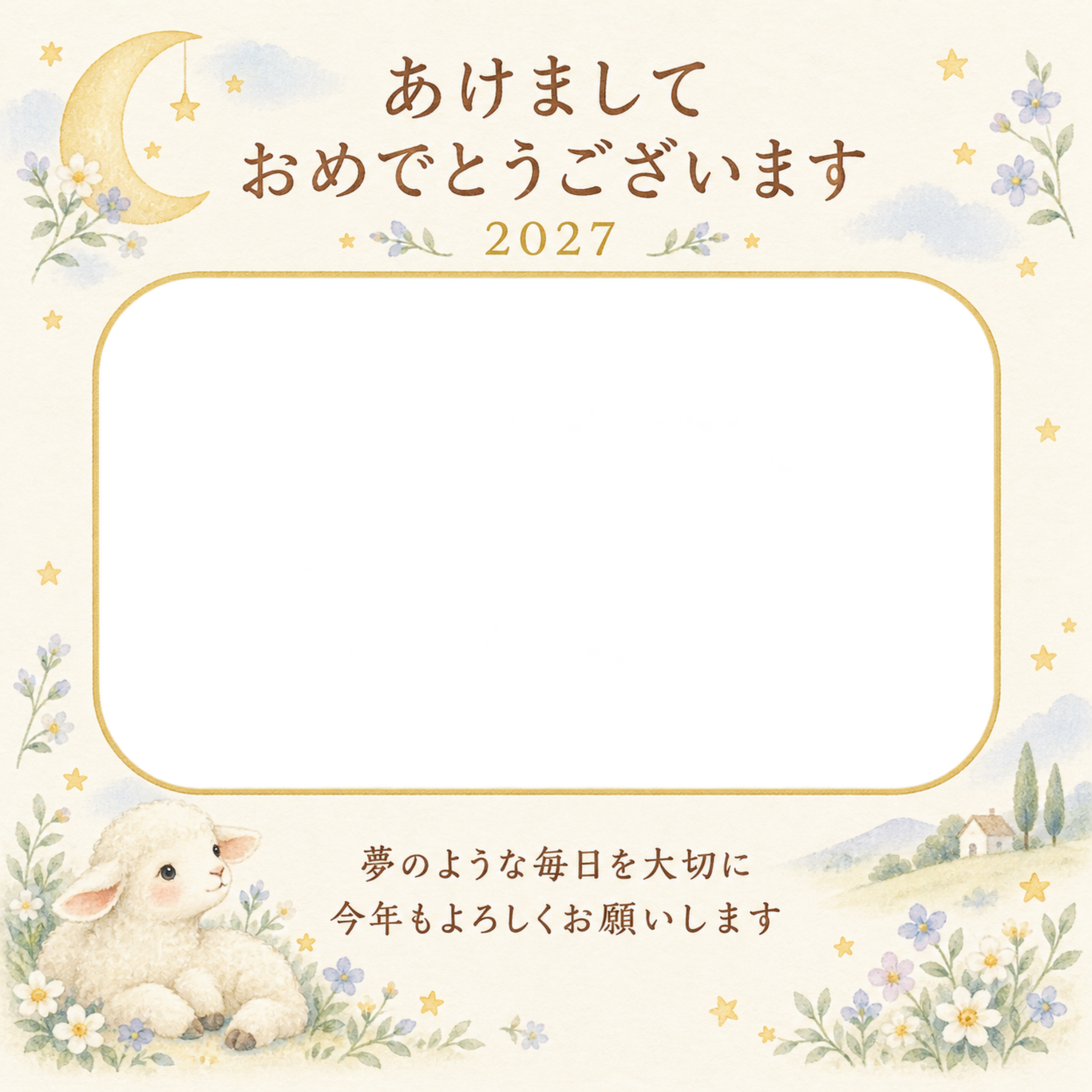 月の庭と星の花の写真年賀状｜赤ちゃんと羊の無料イラスト素材 99089に写真・文字を入れる