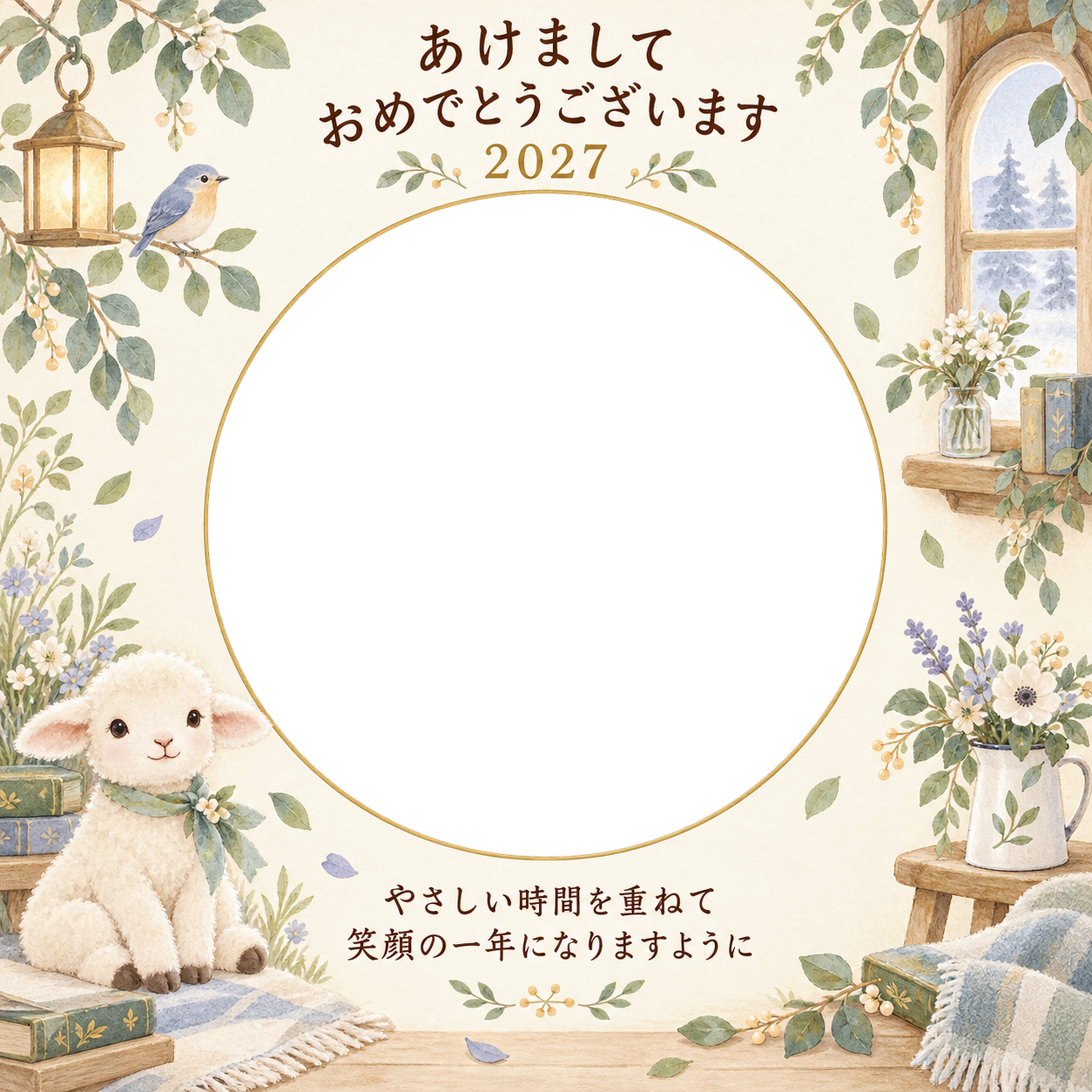 森の小部屋と羊の写真年賀状｜赤ちゃんと羊の無料イラスト素材 99090に写真・文字を入れる