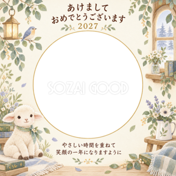 森の小部屋と羊の写真年賀状｜赤ちゃんと羊の無料イラスト素材 99090