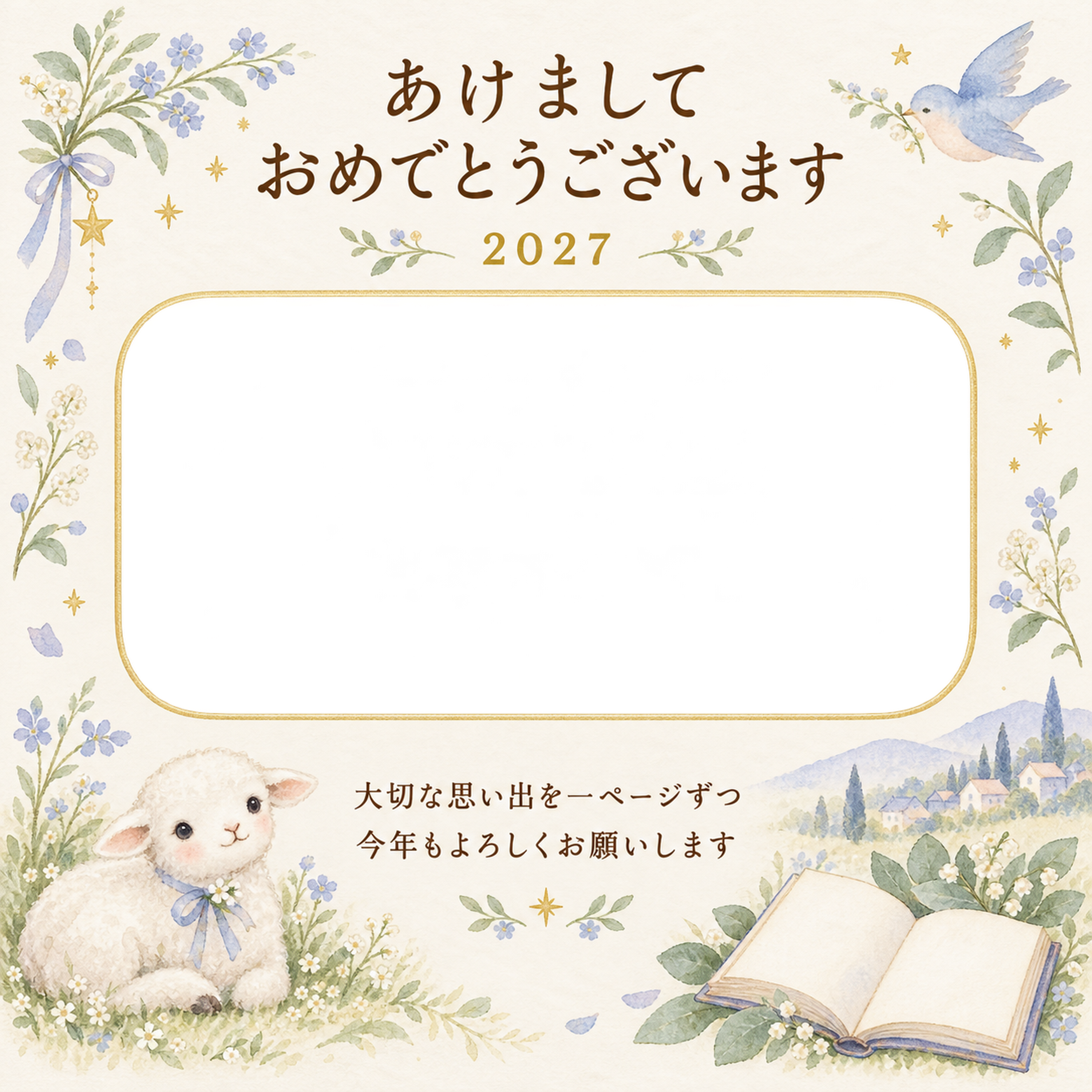 森の絵本と小さな羊の写真年賀状｜赤ちゃんと羊の無料イラスト素材 99093に写真・文字を入れる