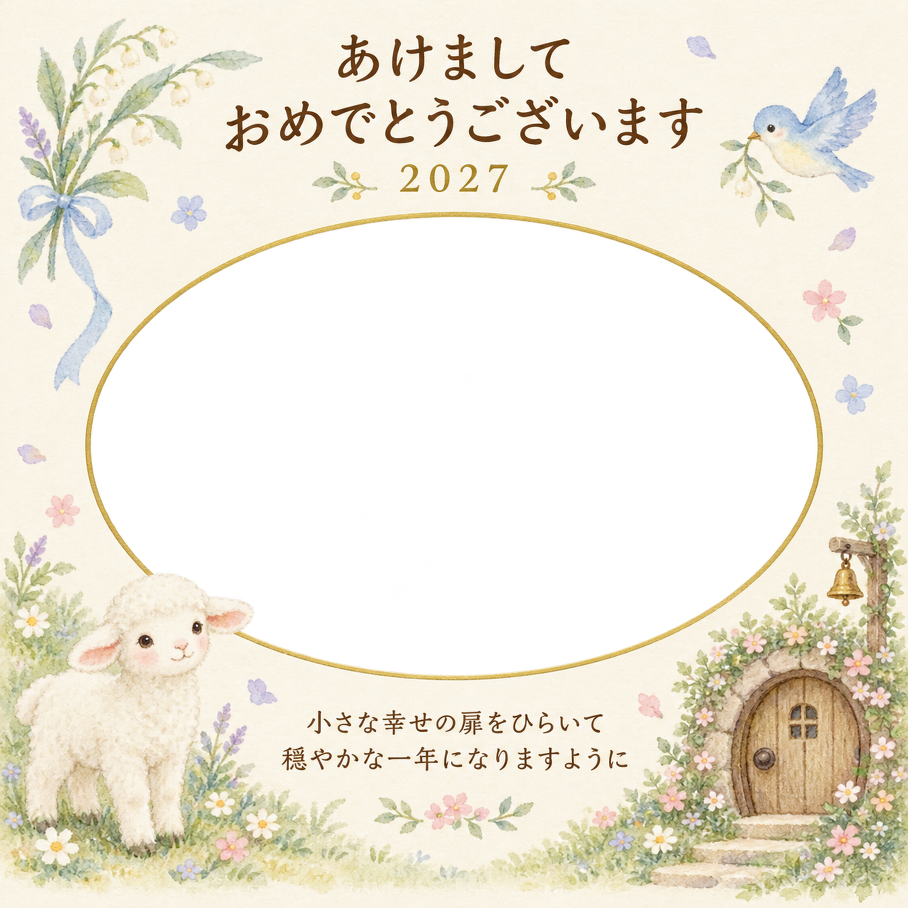 木の扉と小花の写真年賀状｜赤ちゃんと羊の無料イラスト素材 99095に写真・文字を入れる
