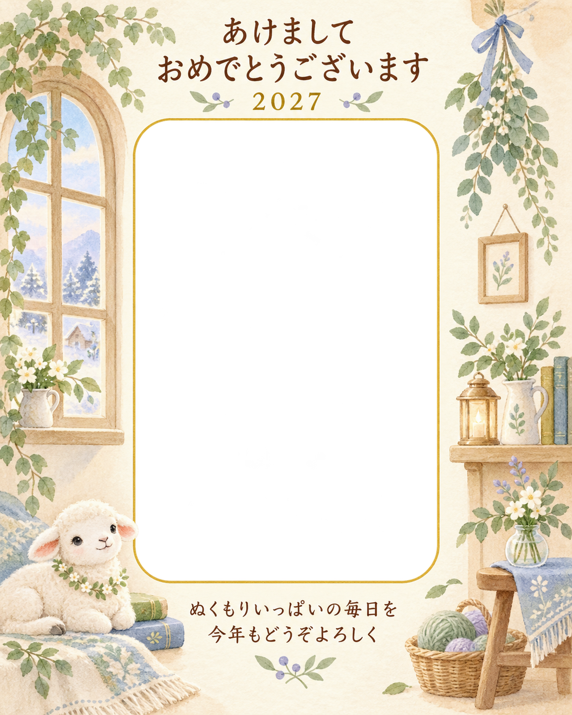 縦長の森の小部屋の写真年賀状｜赤ちゃんと羊の無料イラスト素材 99098に写真・文字を入れる