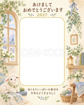 縦長の森の小部屋の写真年賀状｜赤ちゃんと羊の無料イラスト素材 99098