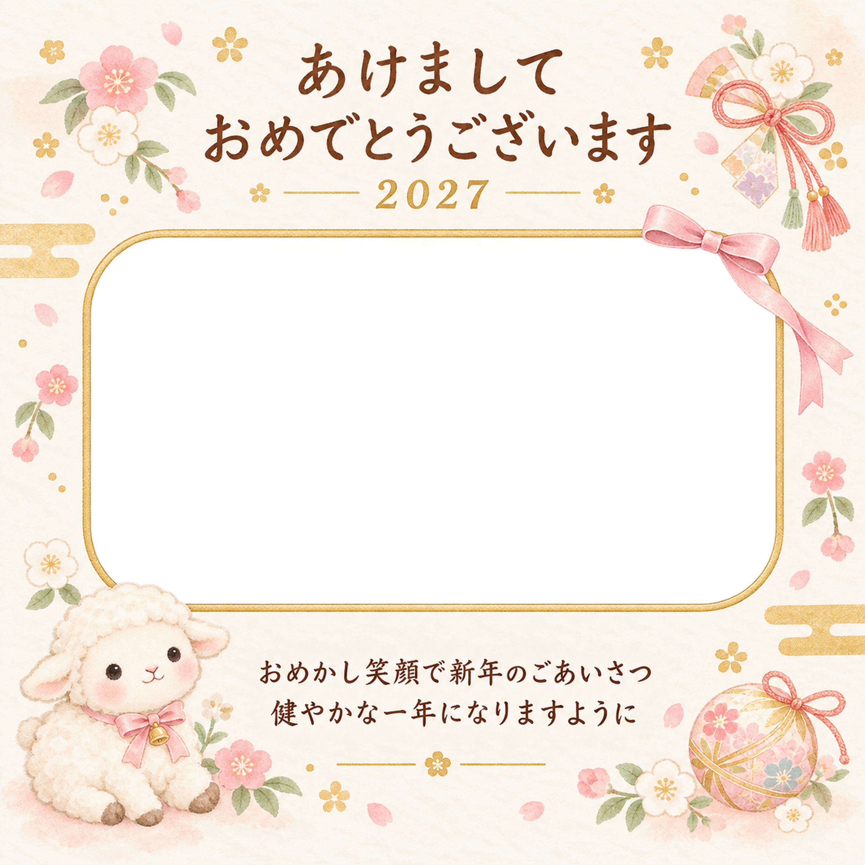 桃色のリボンと小さな羊の写真年賀状｜赤ちゃんと羊の無料イラスト素材 99101に写真・文字を入れる