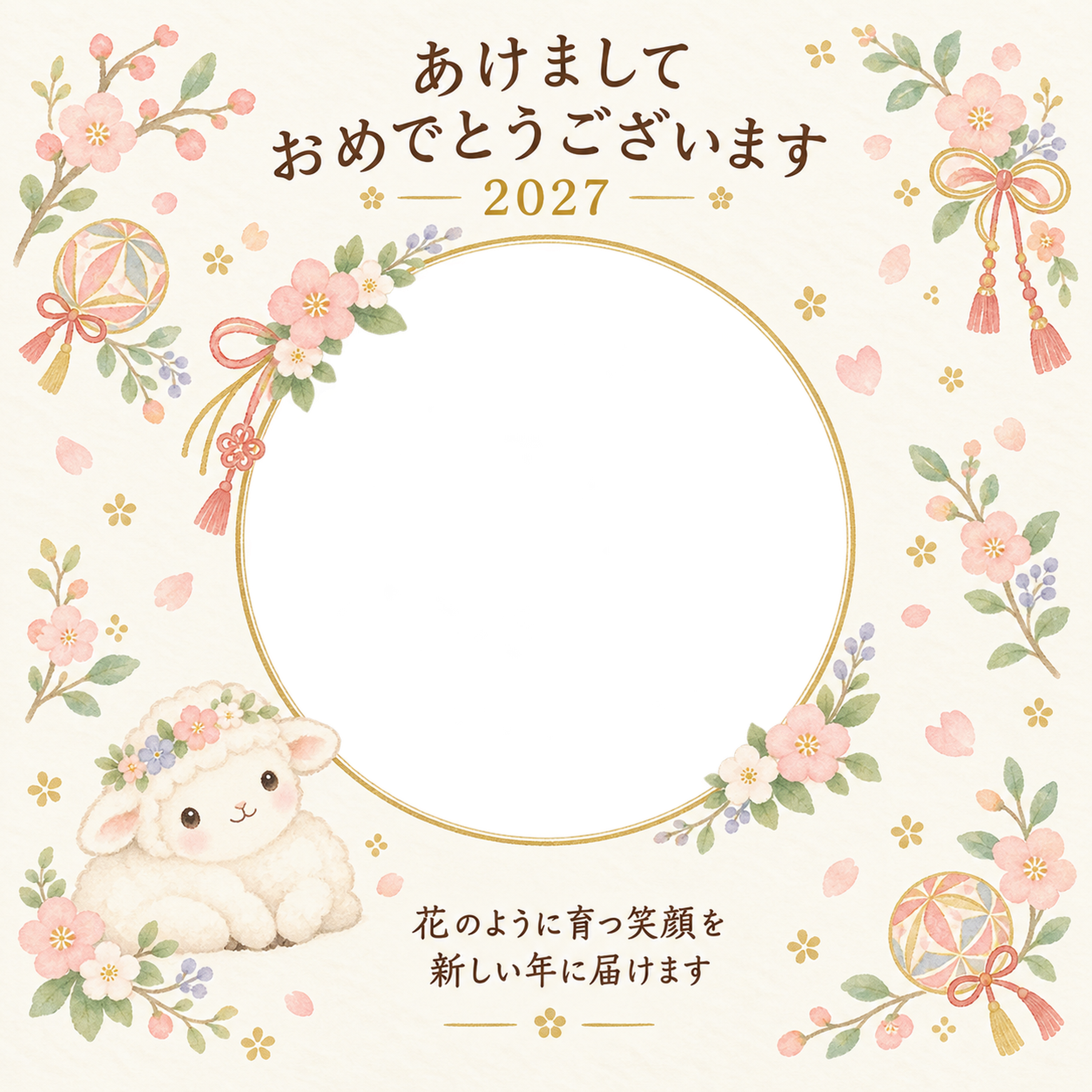 小花の花冠と羊の写真年賀状｜赤ちゃんと羊の無料イラスト素材 99103に写真・文字を入れる
