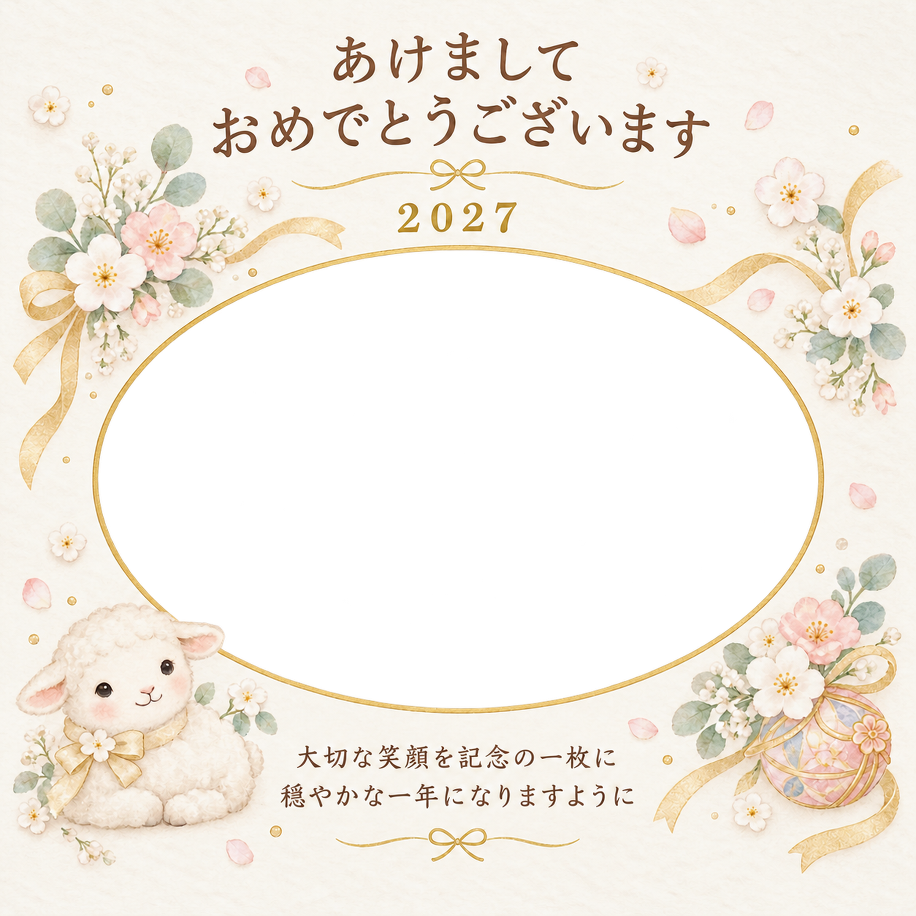白い花と金のリボンの写真年賀状｜赤ちゃんと羊の無料イラスト素材 99105に写真・文字を入れる
