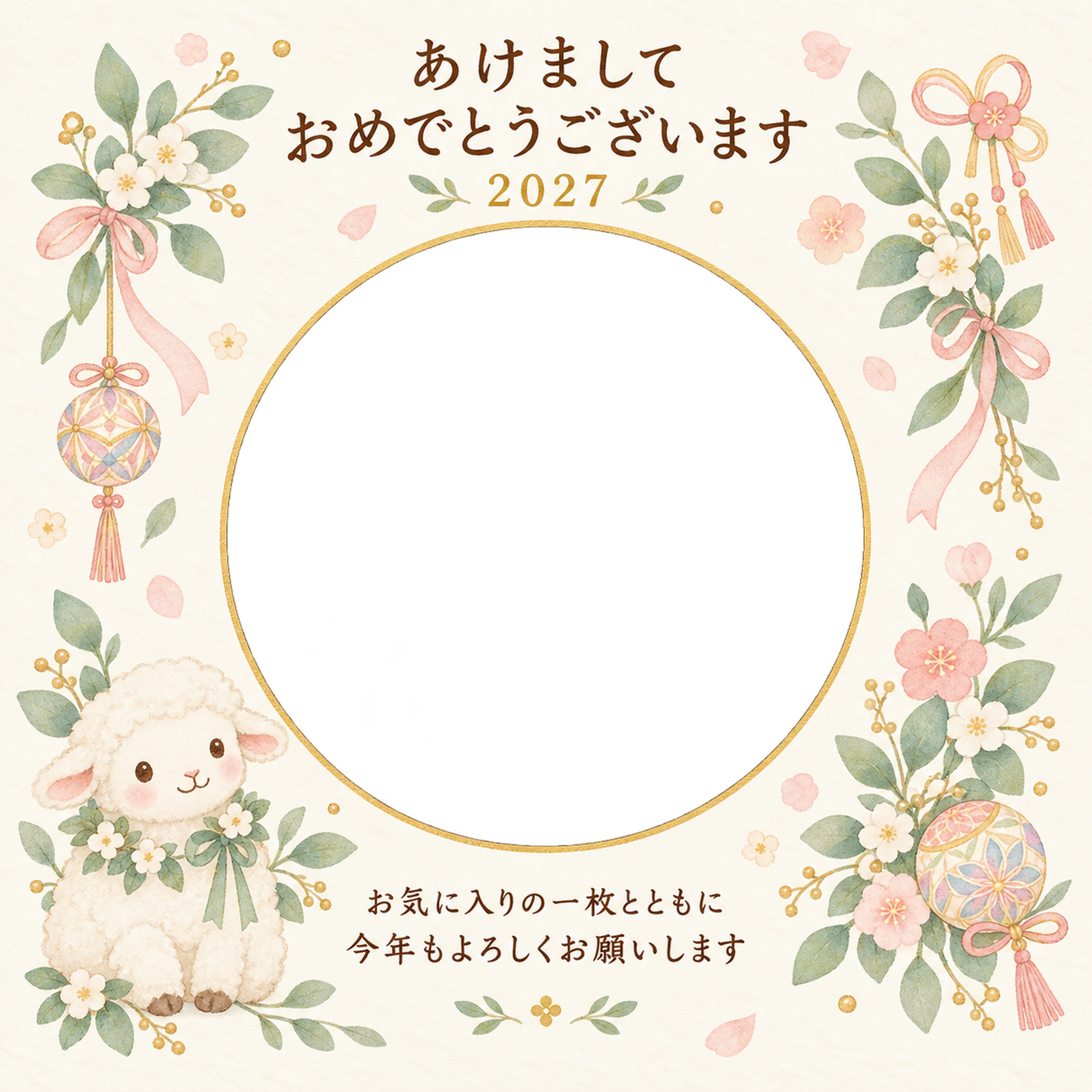 葉の花飾りと羊の写真年賀状｜赤ちゃんと羊の無料イラスト素材 99107に写真・文字を入れる