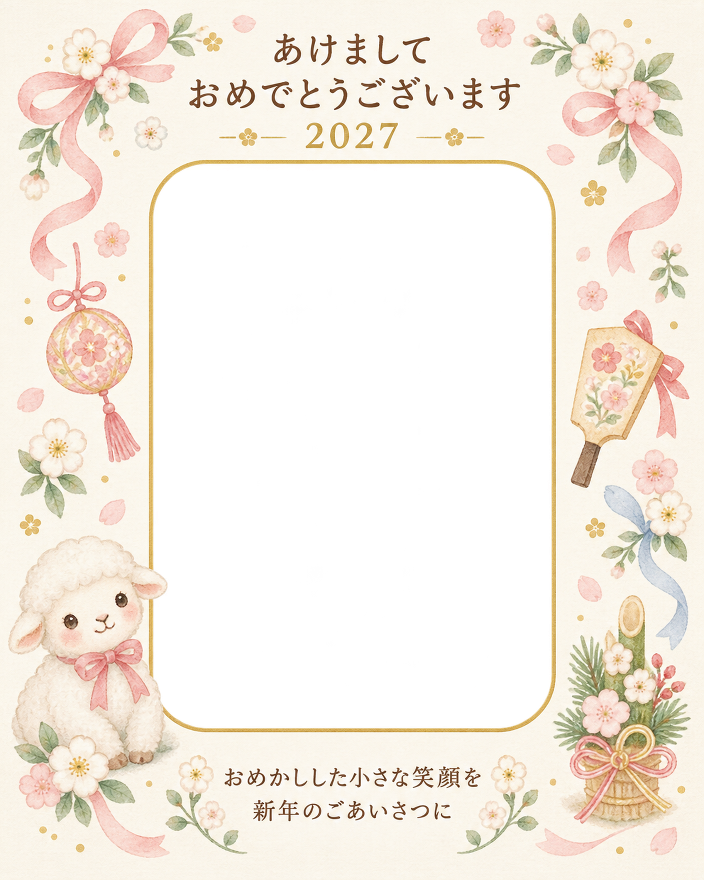 縦長の桃色リボンの写真年賀状｜赤ちゃんと羊の無料イラスト素材 99109に写真・文字を入れる