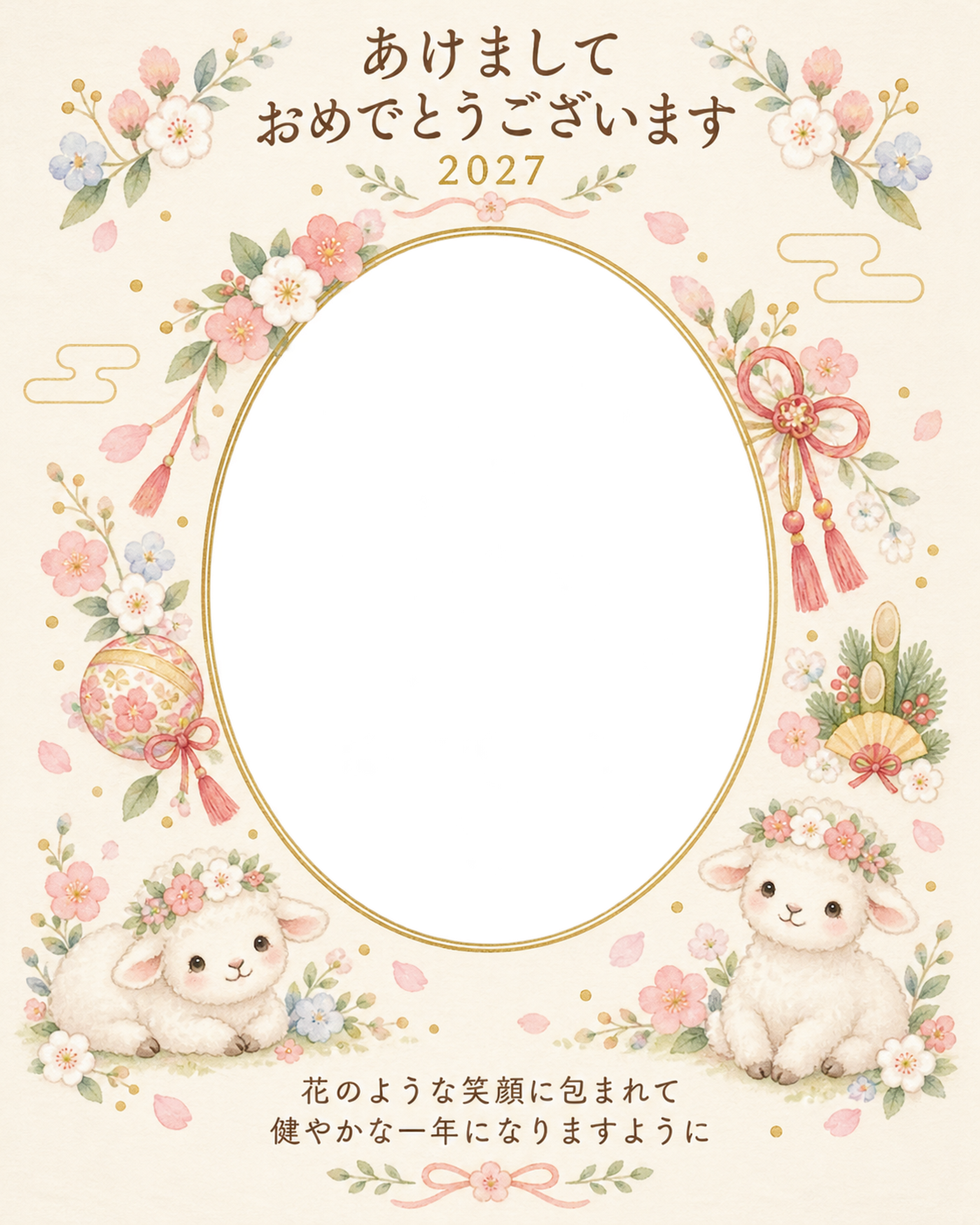 縦長の小花の花冠の写真年賀状｜赤ちゃんと羊の無料イラスト素材 99110に写真・文字を入れる