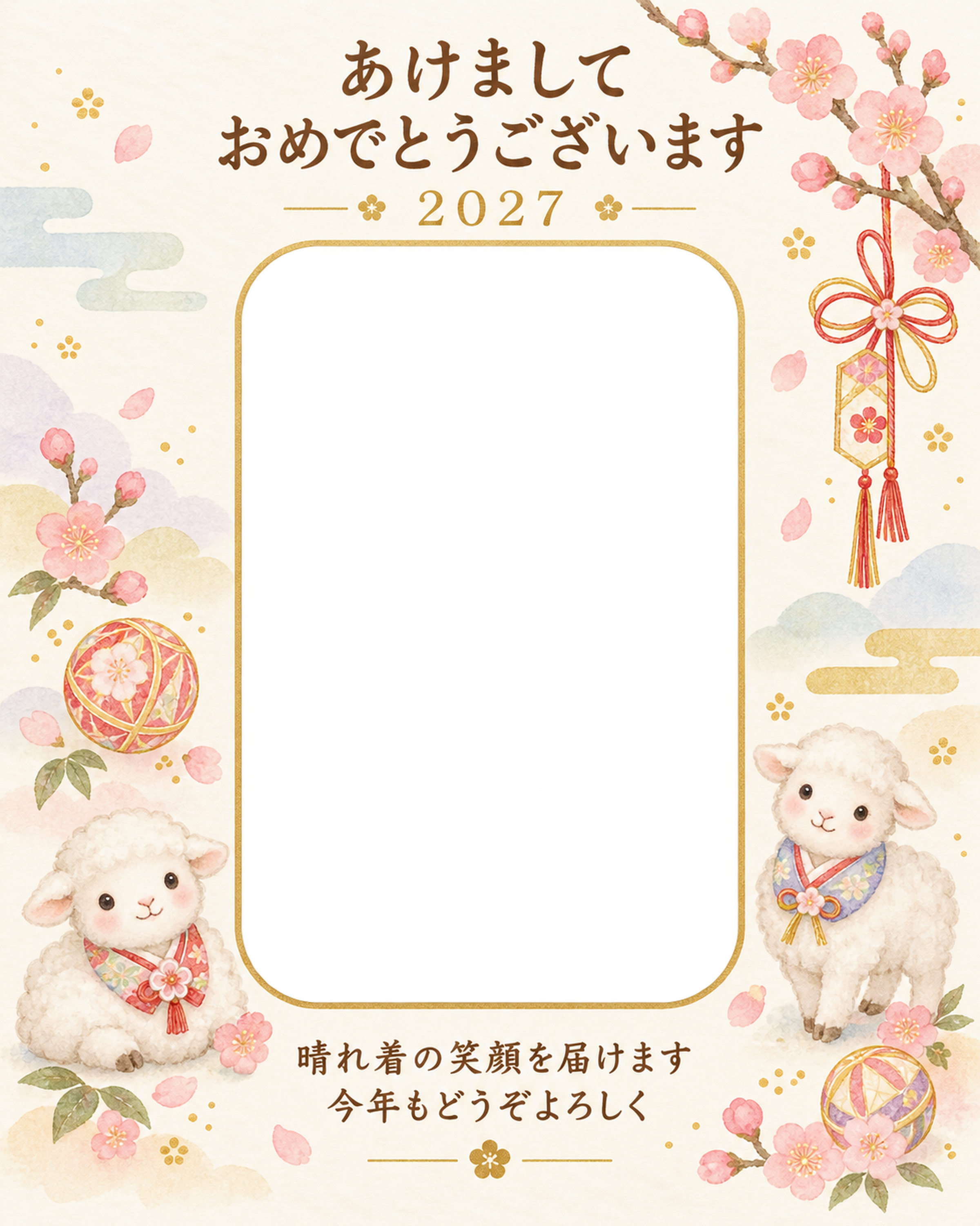 縦長の水引と梅の写真年賀状｜赤ちゃんと羊の無料イラスト素材 99111に写真・文字を入れる