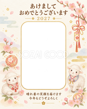 縦長の水引と梅の写真年賀状｜赤ちゃんと羊の無料イラスト素材 99111