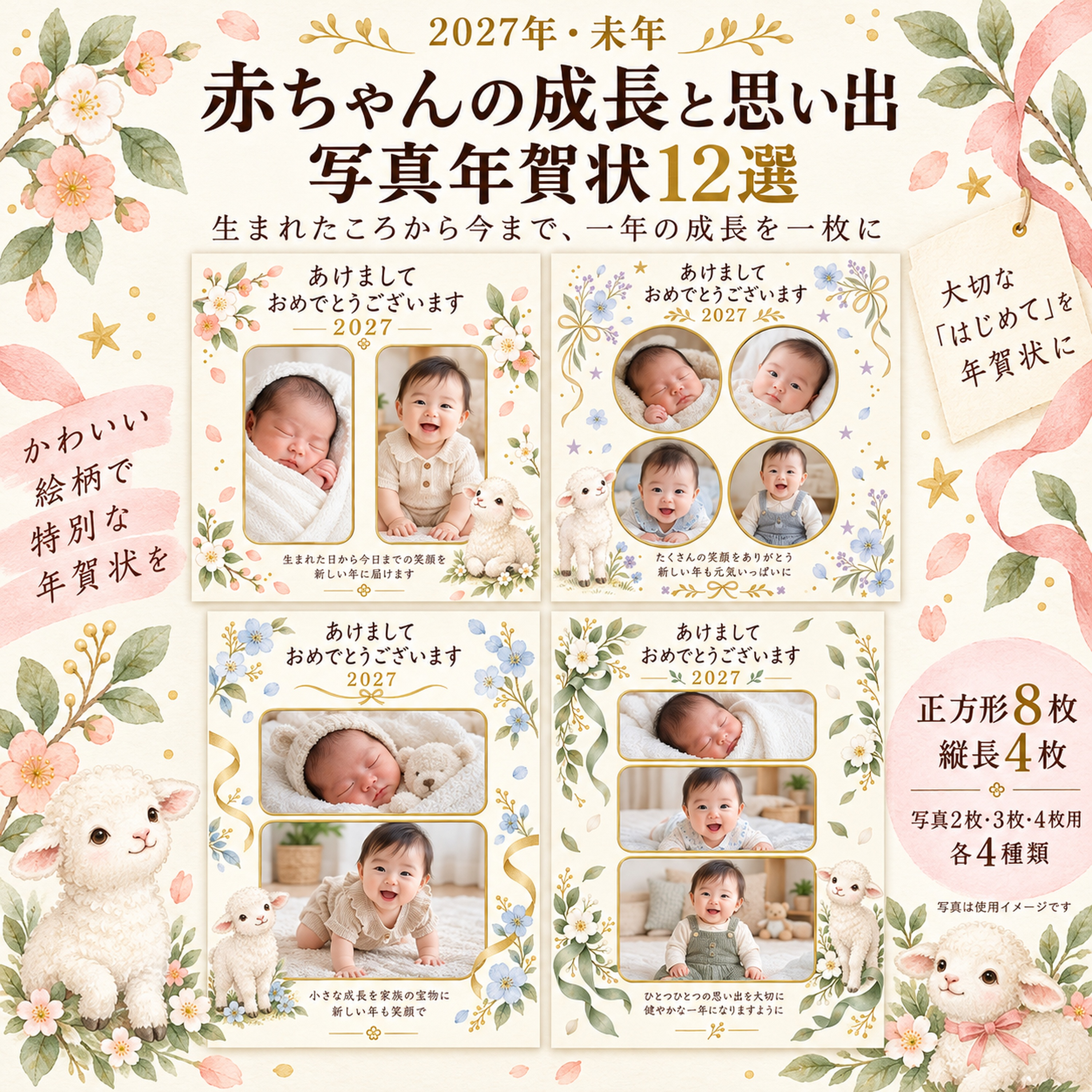 赤ちゃんの成長と思い出写真年賀状12選｜無料イラスト素材 99113に写真・文字を入れる