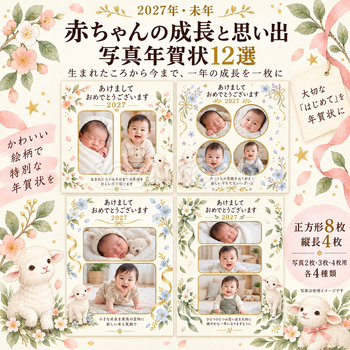 赤ちゃんの成長と思い出写真年賀状12選｜無料イラスト素材 99113