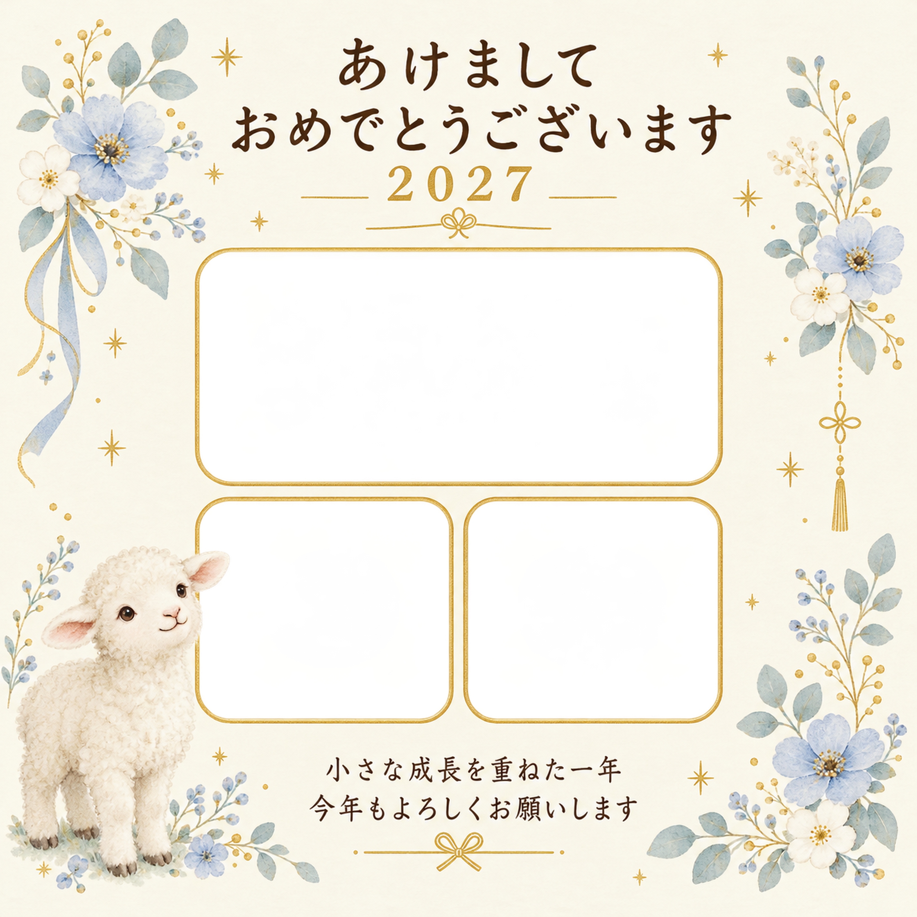 三枚の小さなアルバムの写真年賀状｜赤ちゃんの無料イラスト素材 99115に写真・文字を入れる