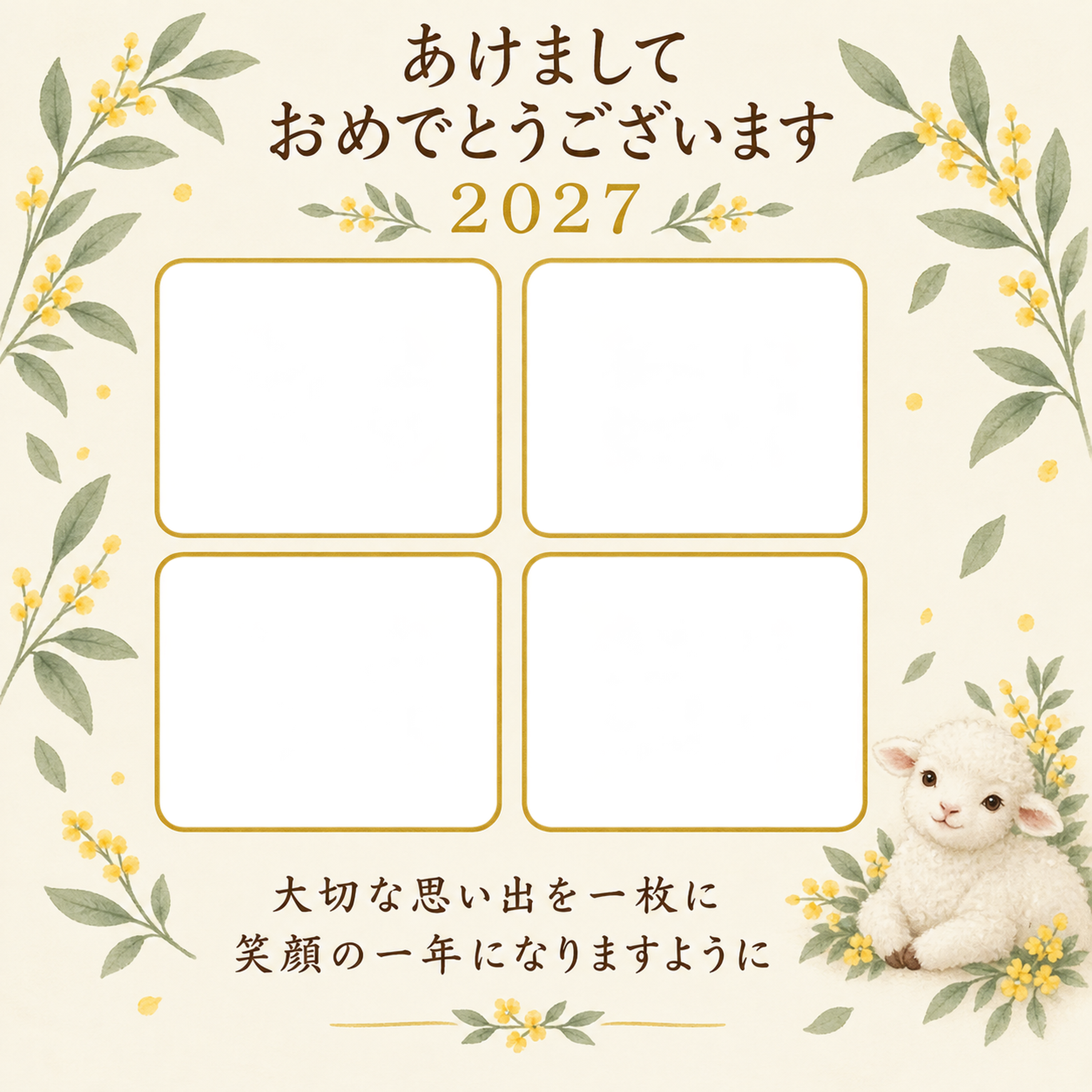 四枚の小花アルバムの写真年賀状｜赤ちゃんの無料イラスト素材 99116に写真・文字を入れる