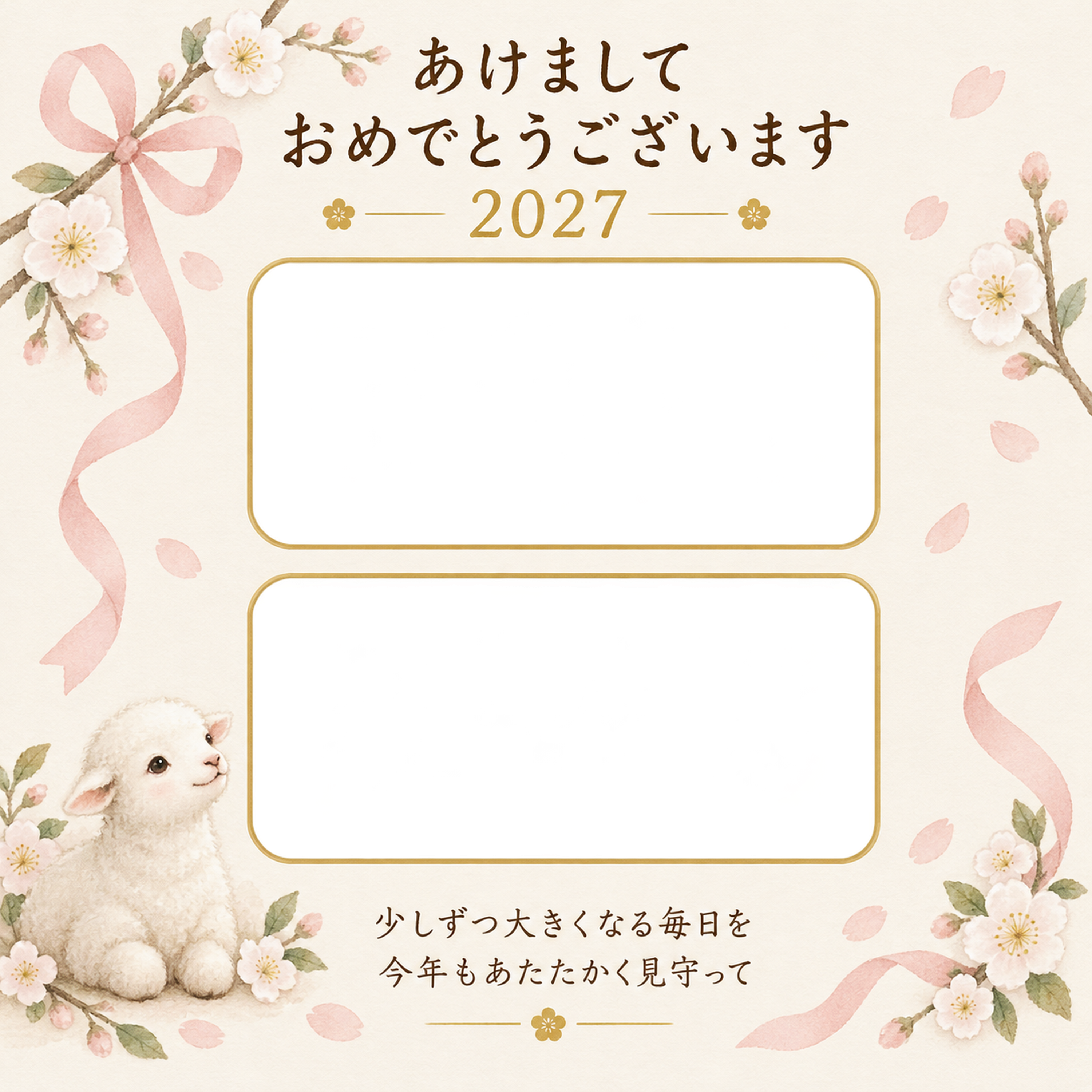 二枚を結ぶ桃色リボンの写真年賀状｜赤ちゃんの無料イラスト素材 99117に写真・文字を入れる