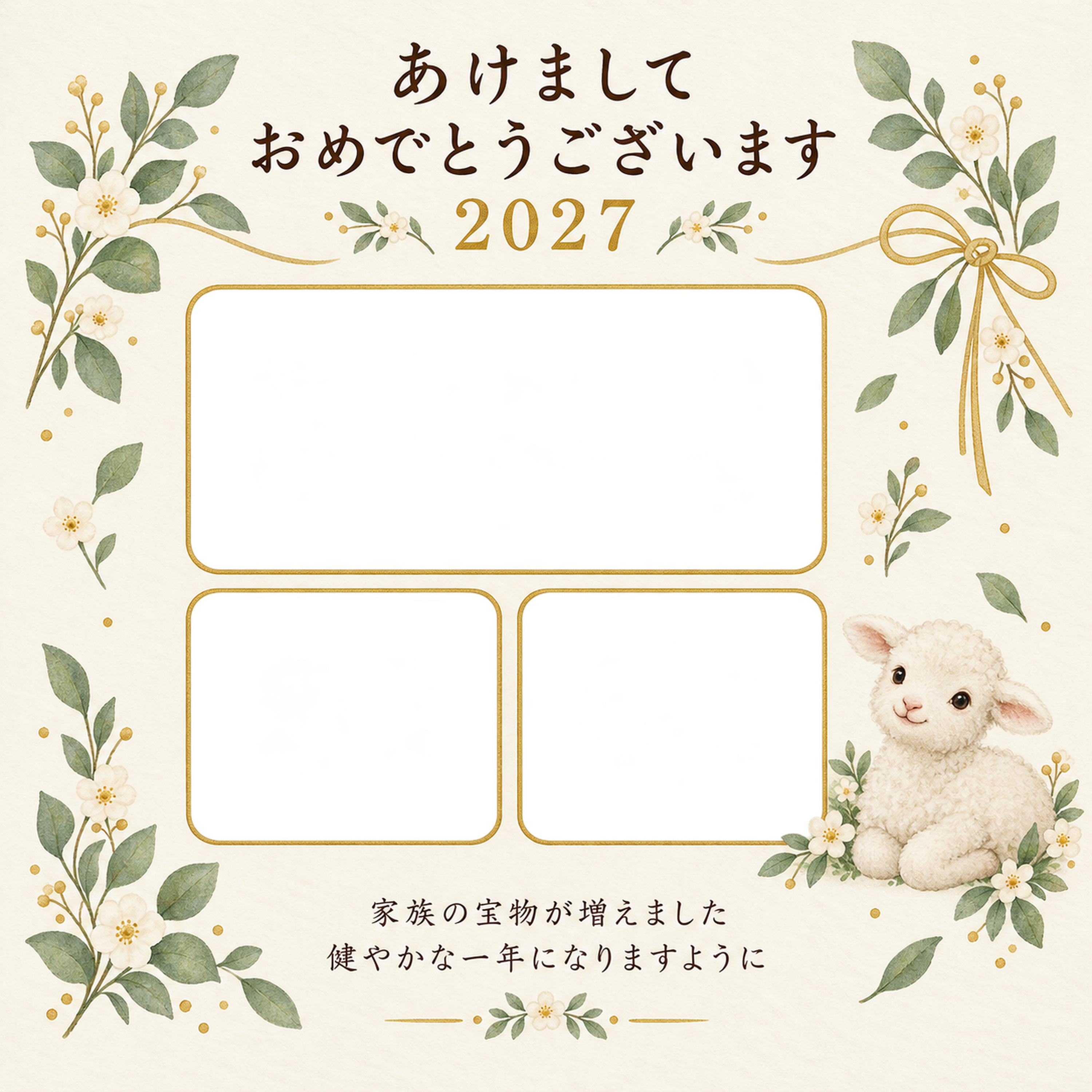 三枚と葉の飾りの写真年賀状｜赤ちゃんの無料イラスト素材 99118に写真・文字を入れる
