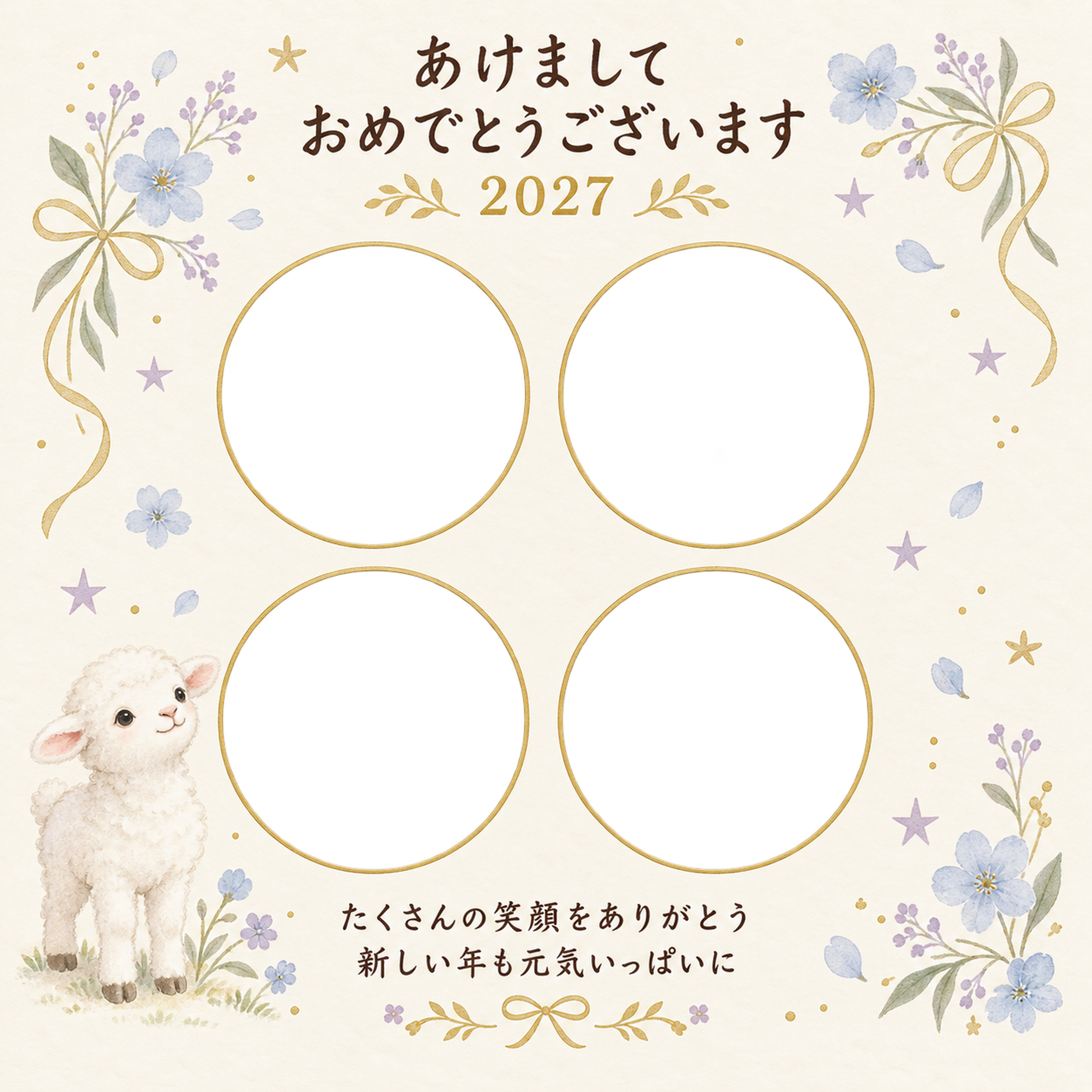 四枚と金色の星の写真年賀状｜赤ちゃんの無料イラスト素材 99119に写真・文字を入れる