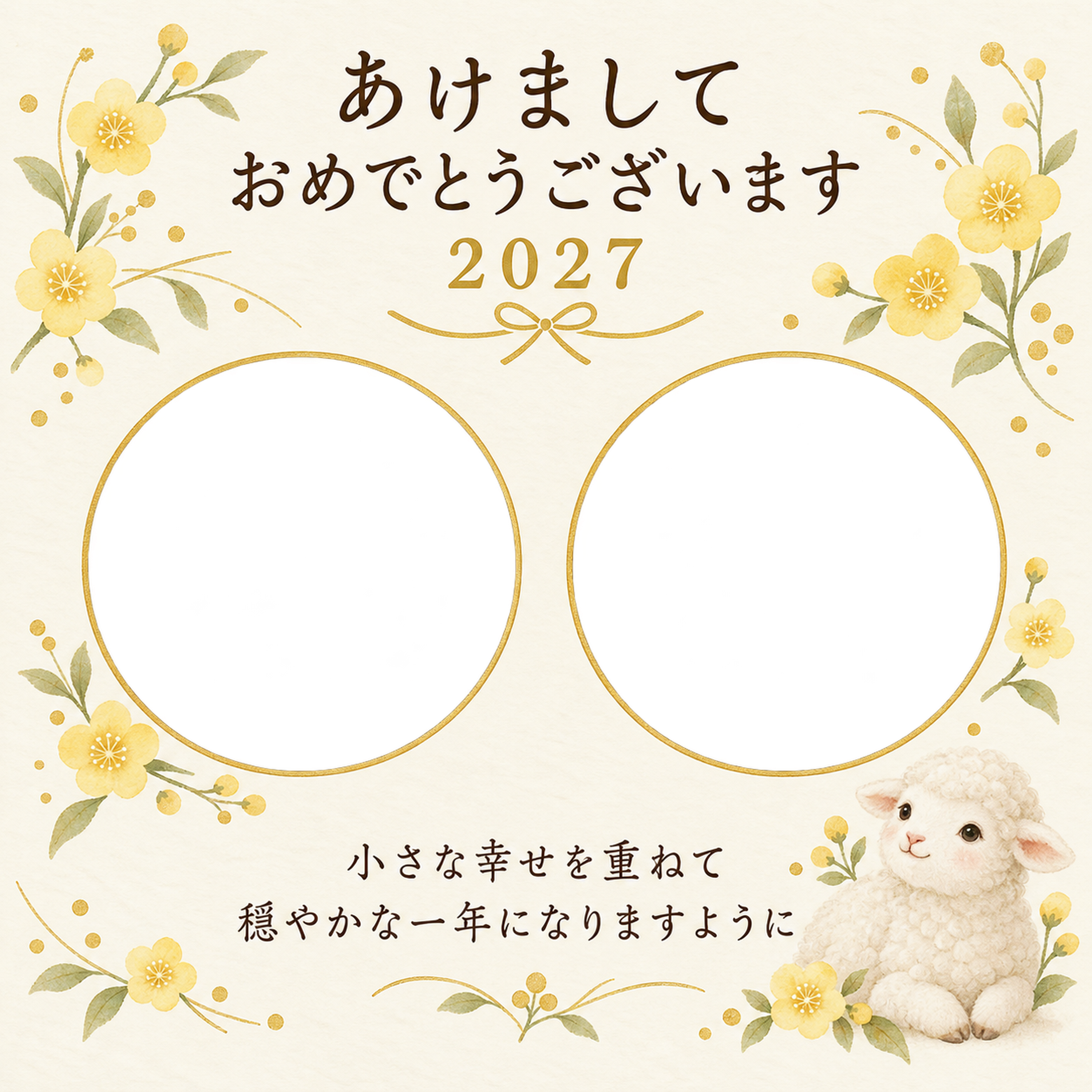 二枚の丸い思い出の写真年賀状｜赤ちゃんの無料イラスト素材 99120に写真・文字を入れる
