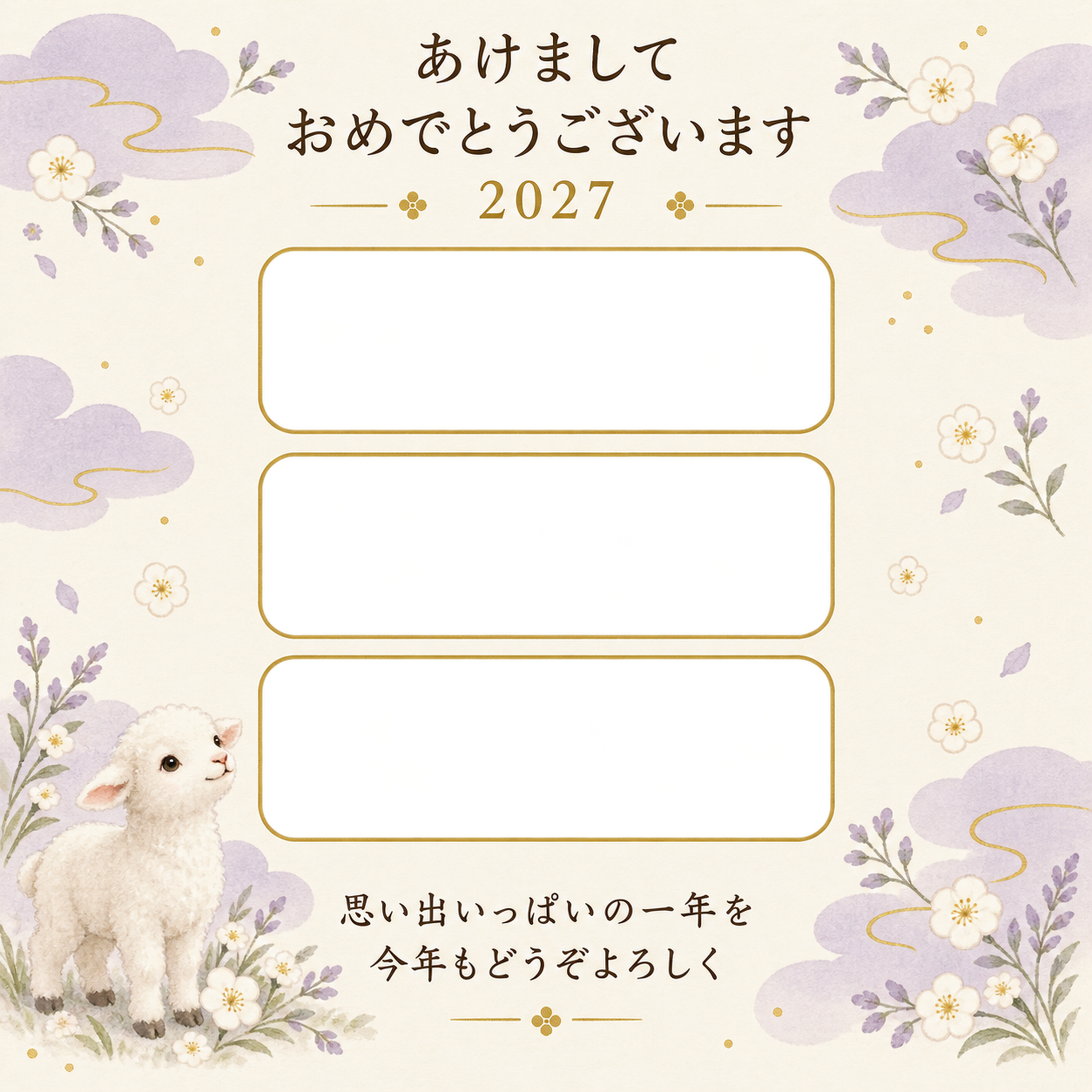 三枚とやさしい雲の写真年賀状｜赤ちゃんの無料イラスト素材 99121に写真・文字を入れる