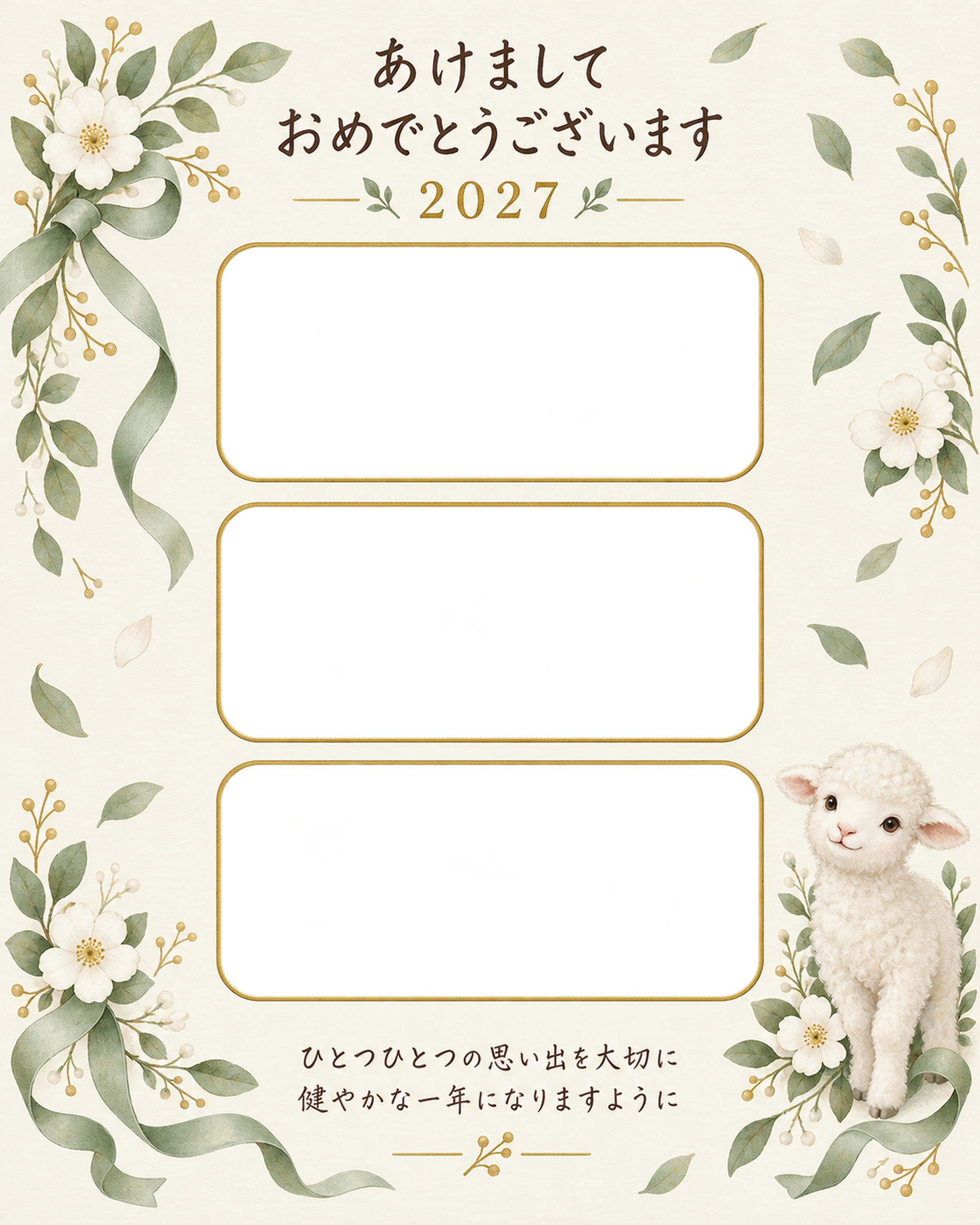 縦長の三枚と葉の写真年賀状｜赤ちゃんの無料イラスト素材 99124に写真・文字を入れる