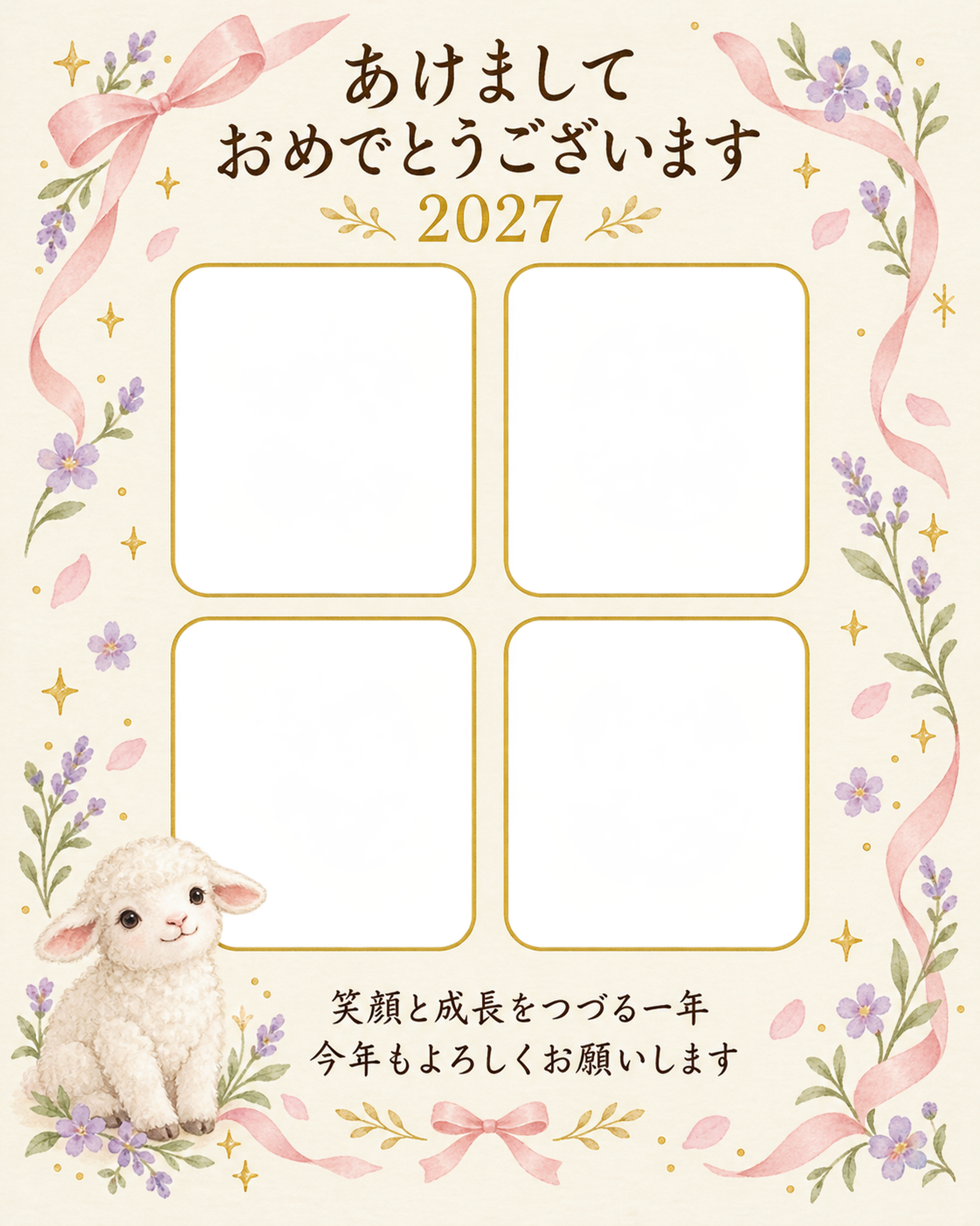 縦長の四枚とリボンの写真年賀状｜赤ちゃんの無料イラスト素材 99125に写真・文字を入れる