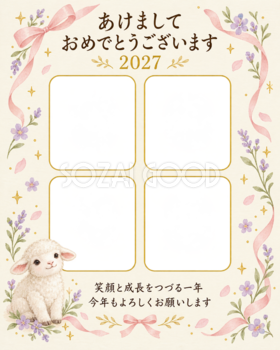 縦長の四枚とリボンの写真年賀状｜赤ちゃんの無料イラスト素材 99125