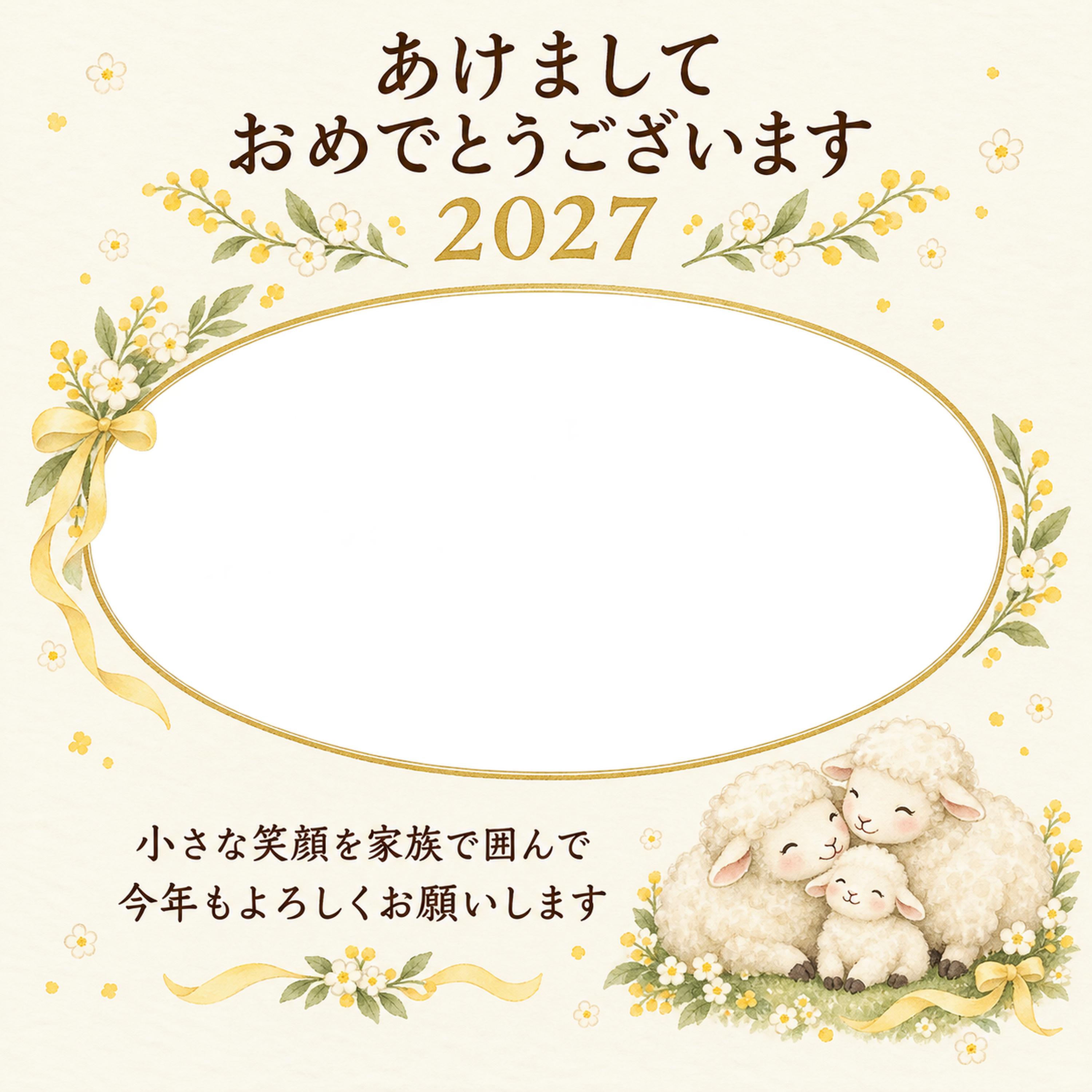 小花と羊の親子の写真年賀状｜赤ちゃんと家族の無料イラスト素材 99128に写真・文字を入れる