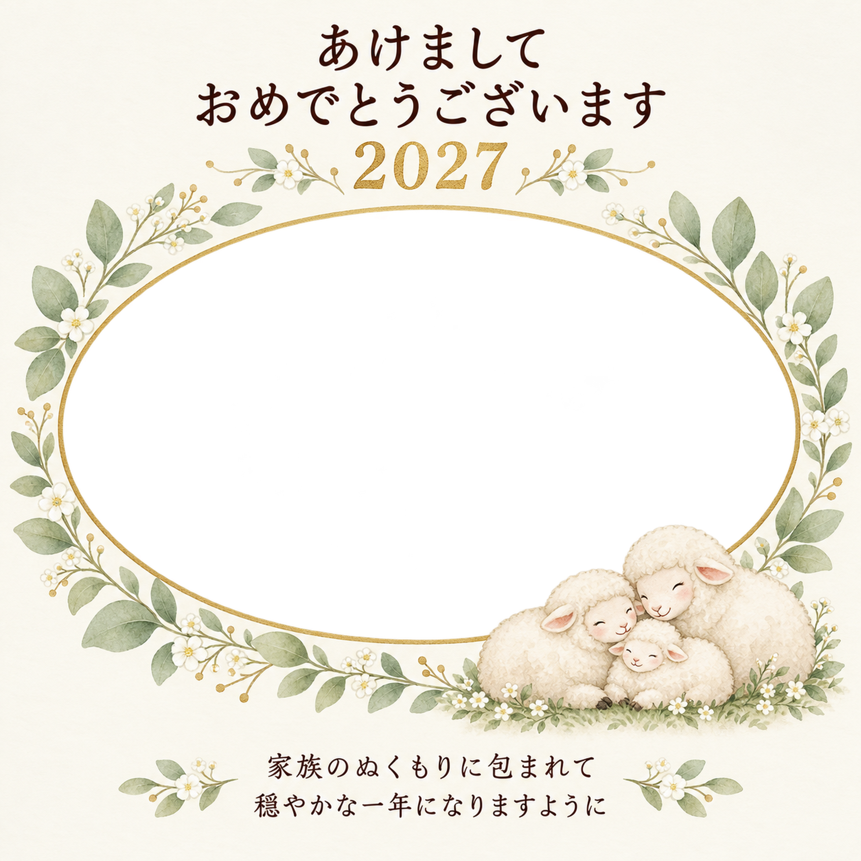 葉のリースと家族の輪の写真年賀状｜赤ちゃんと家族の無料イラスト素材 99130に写真・文字を入れる