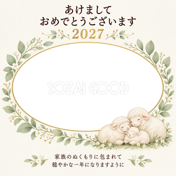 葉のリースと家族の輪の写真年賀状｜赤ちゃんと家族の無料イラスト素材 99130