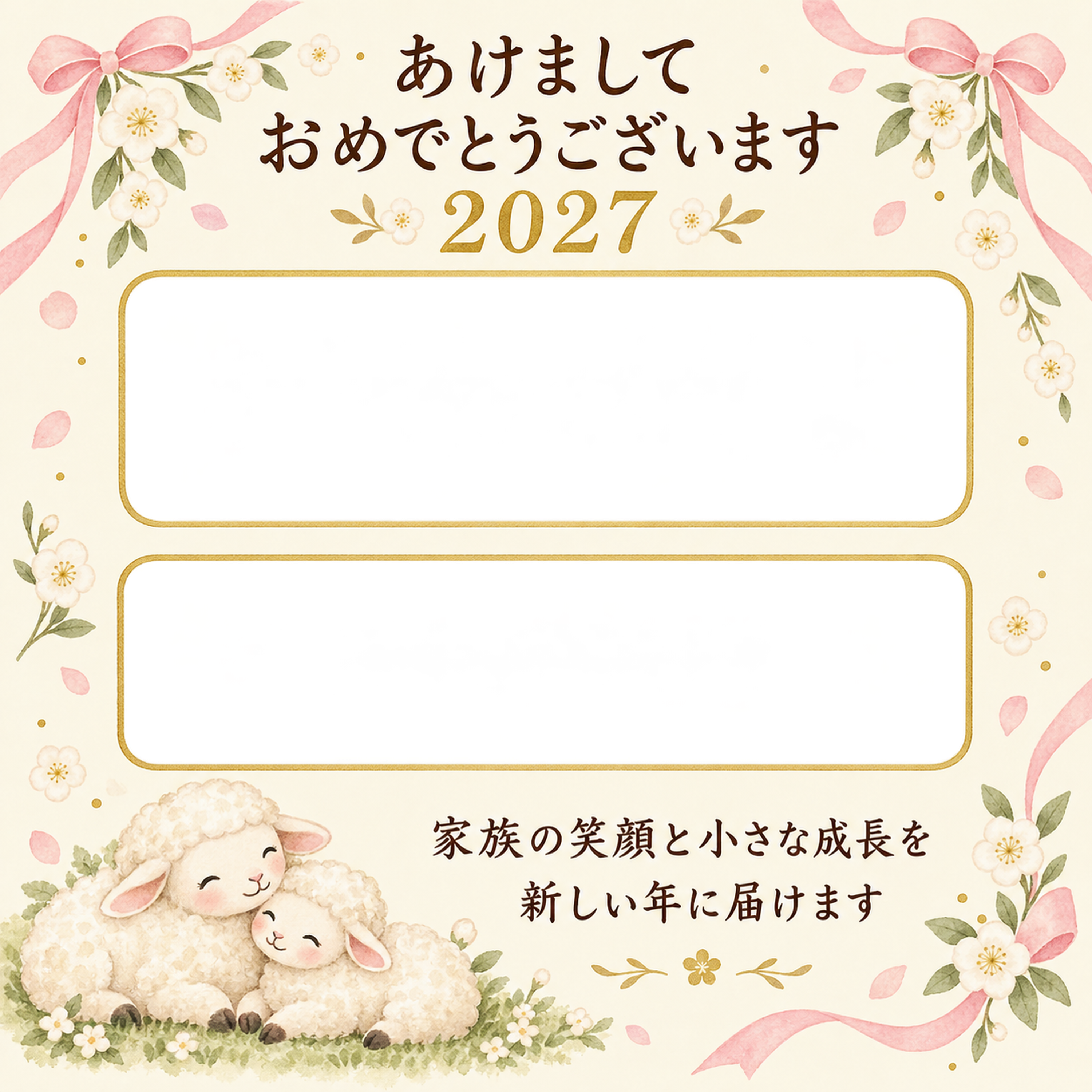 二枚をつなぐ桃色リボンの写真年賀状｜赤ちゃんと家族の無料イラスト素材 99131に写真・文字を入れる