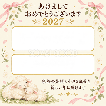 二枚をつなぐ桃色リボンの写真年賀状｜赤ちゃんと家族の無料イラスト素材 99131