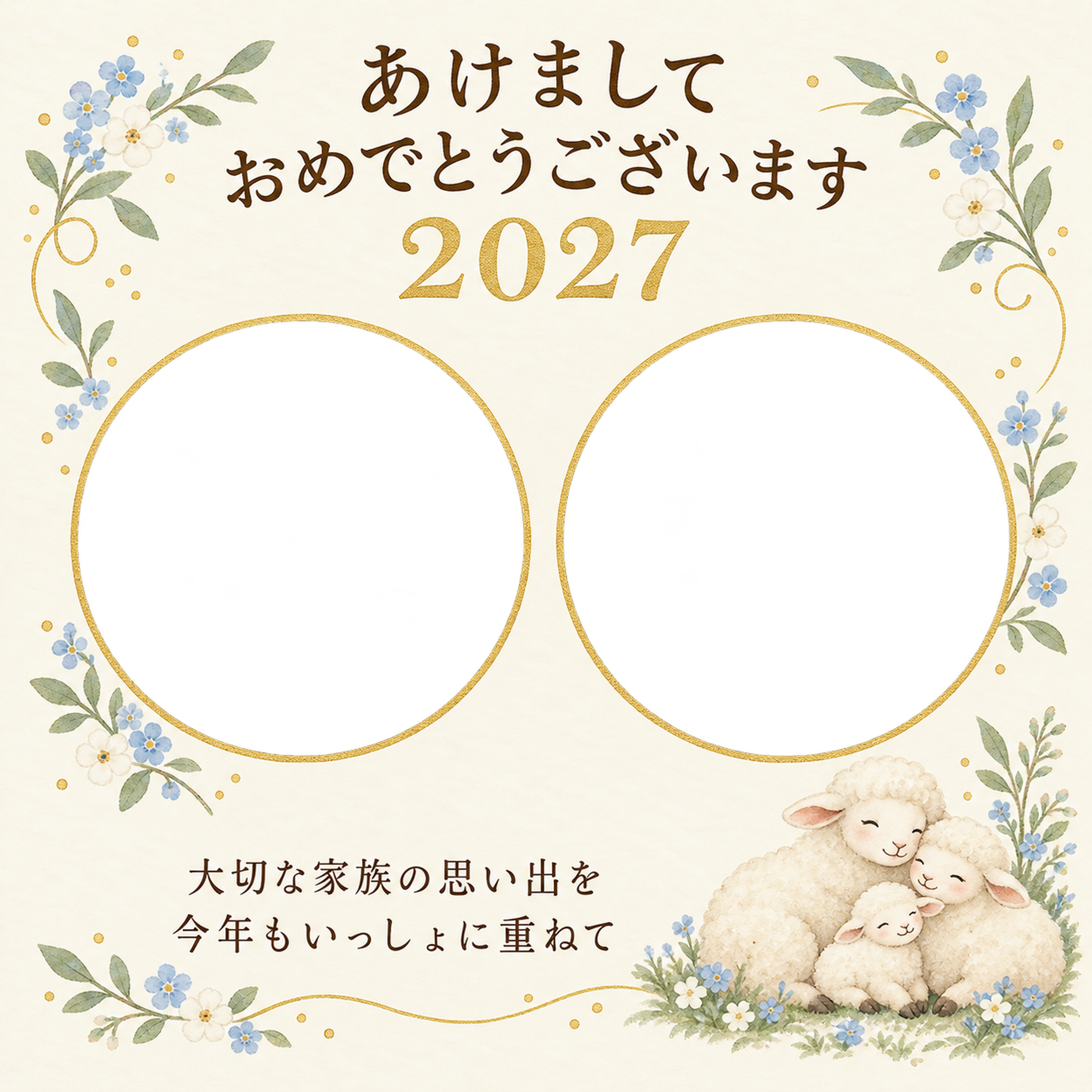 二つの丸窓と小花の写真年賀状｜赤ちゃんと家族の無料イラスト素材 99132に写真・文字を入れる
