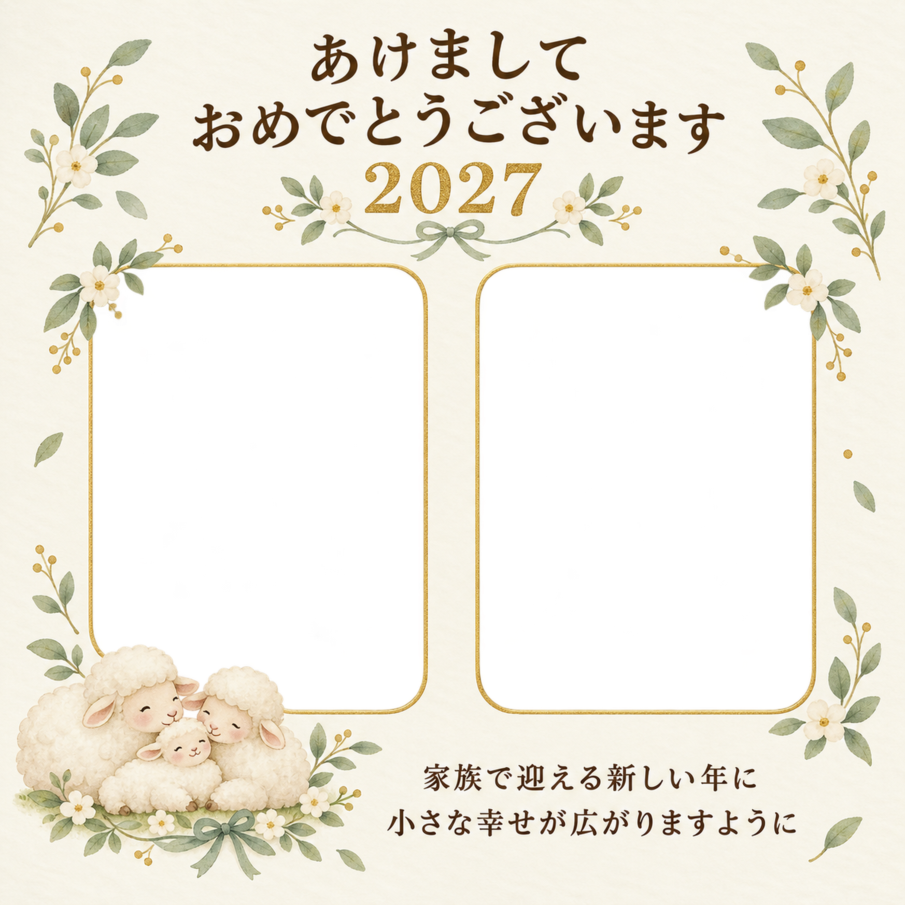 並ぶ二枚と葉の飾りの写真年賀状｜赤ちゃんと家族の無料イラスト素材 99133に写真・文字を入れる