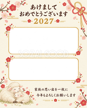 縦長の二枚と水引の写真年賀状｜赤ちゃんと家族の無料イラスト素材 99137