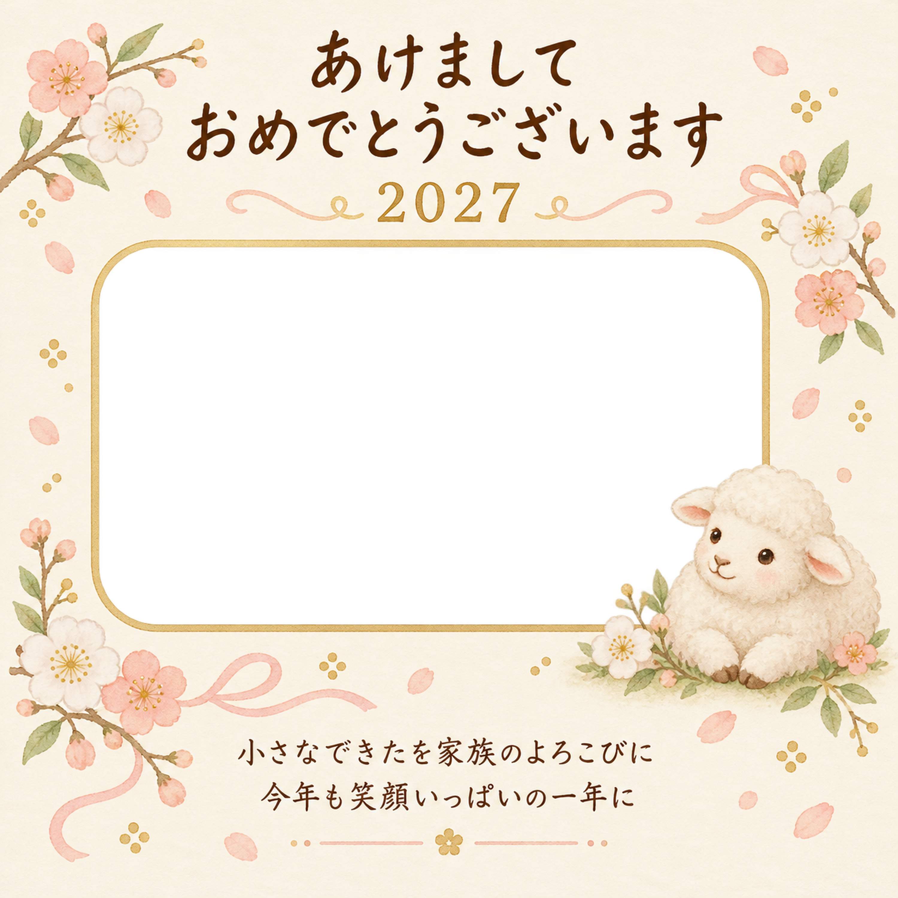 小花と寝返りのお祝いの写真年賀状｜赤ちゃんの無料イラスト素材 99140に写真・文字を入れる