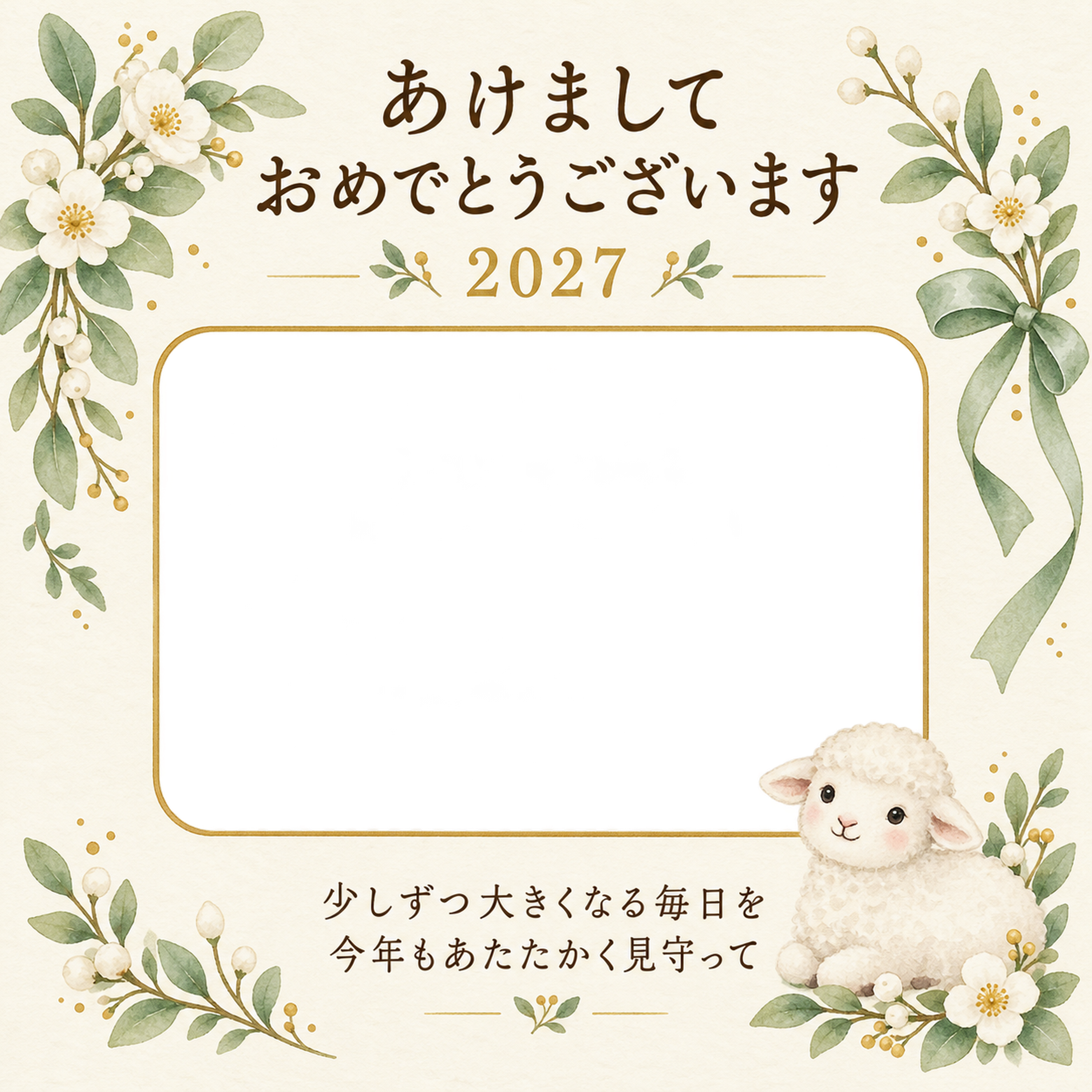 葉とうつぶせの成長の写真年賀状｜赤ちゃんの無料イラスト素材 99142に写真・文字を入れる