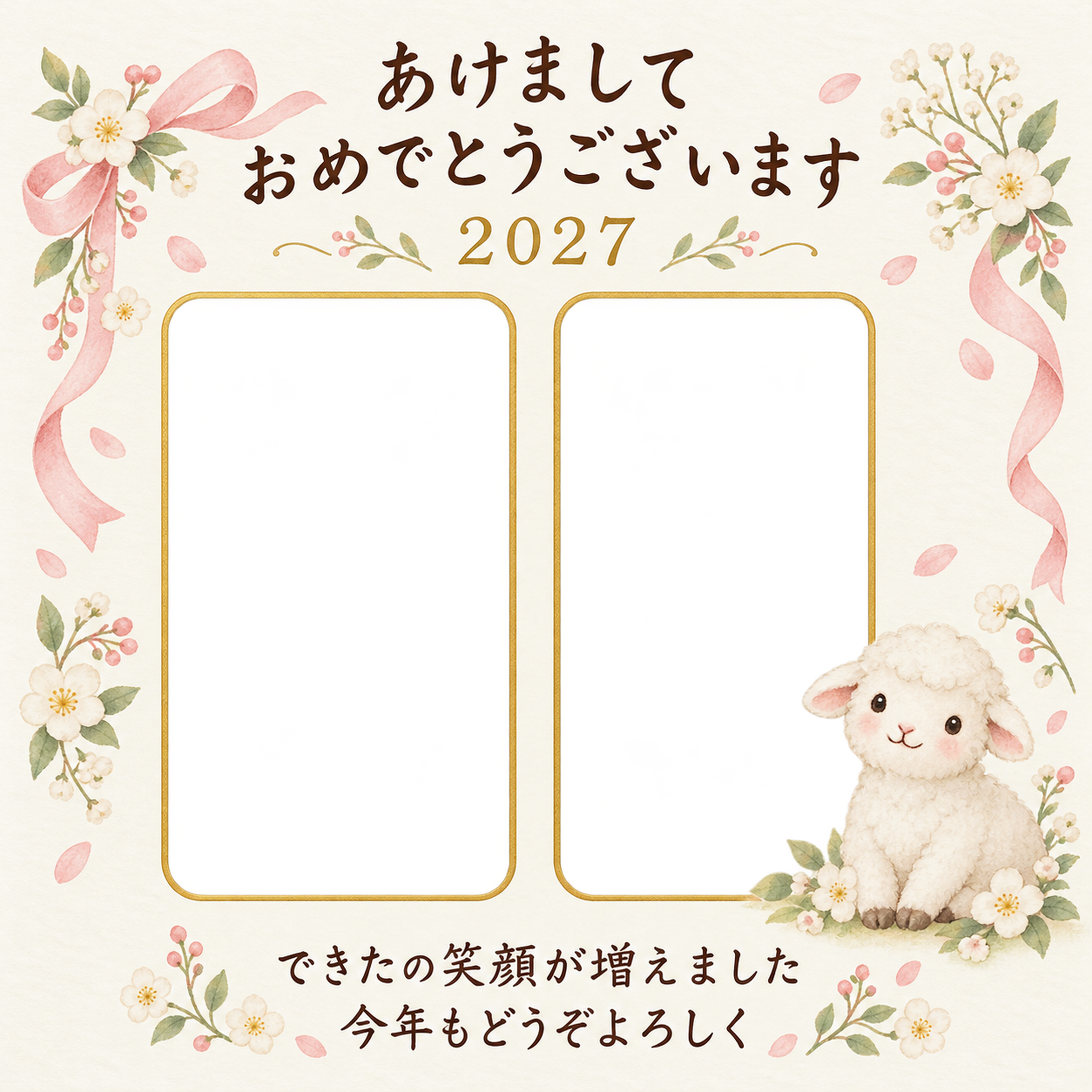 リボンとおすわり記念の写真年賀状｜赤ちゃんの無料イラスト素材 99144に写真・文字を入れる