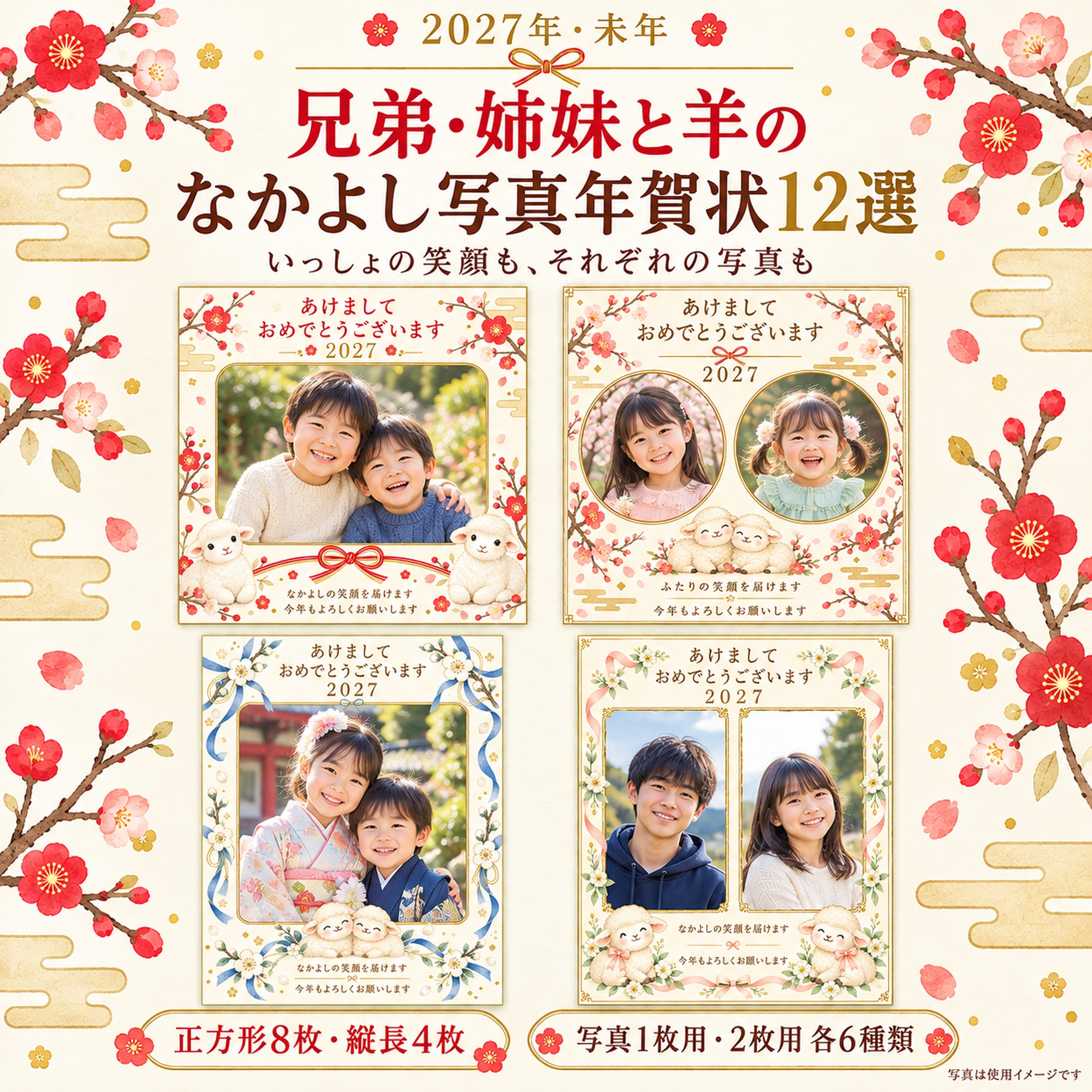 兄弟・姉妹と羊のなかよし写真年賀状12選｜無料イラスト素材 99152に写真・文字を入れる