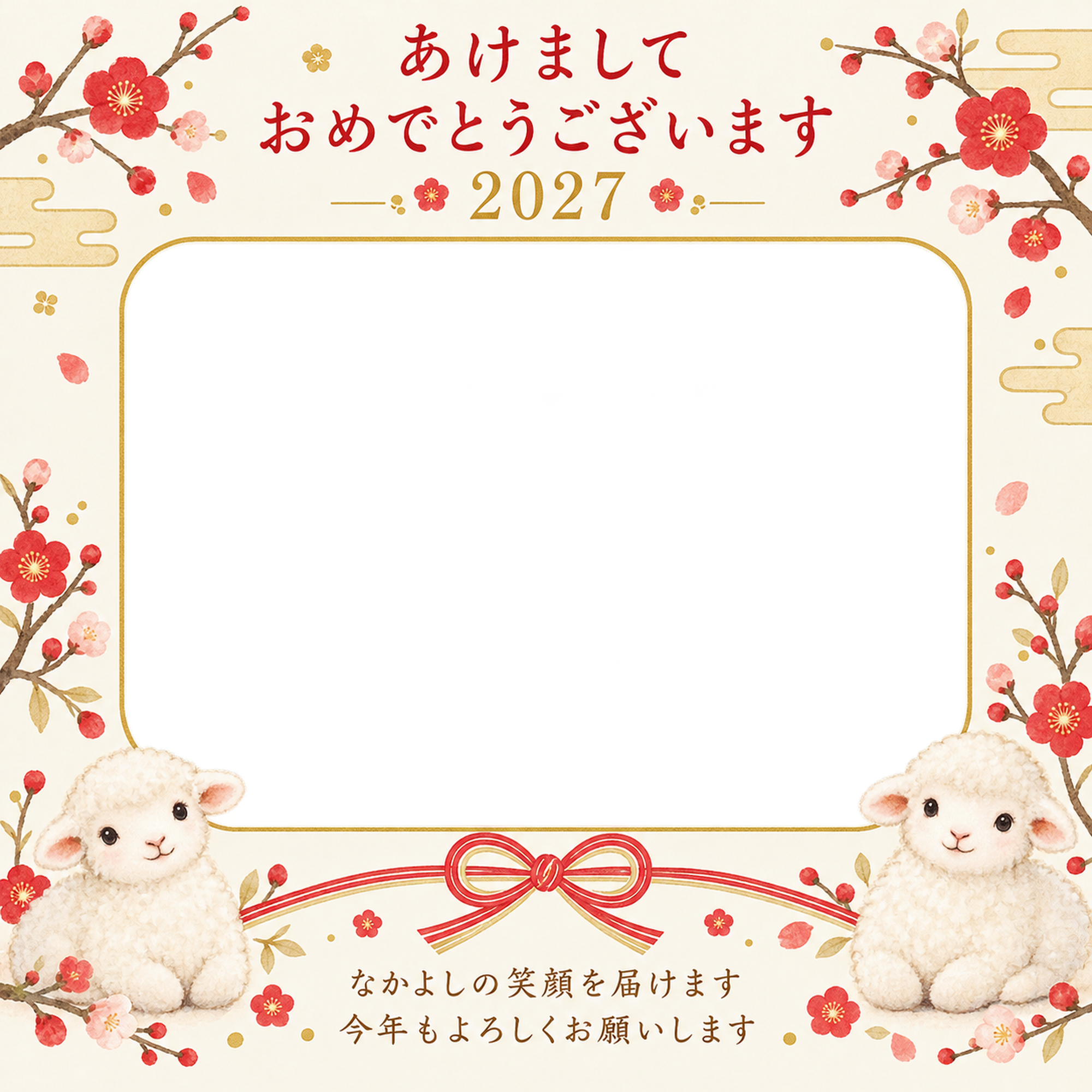 梅と赤い結び目の写真年賀状｜兄弟・姉妹の無料イラスト素材 99153に写真・文字を入れる
