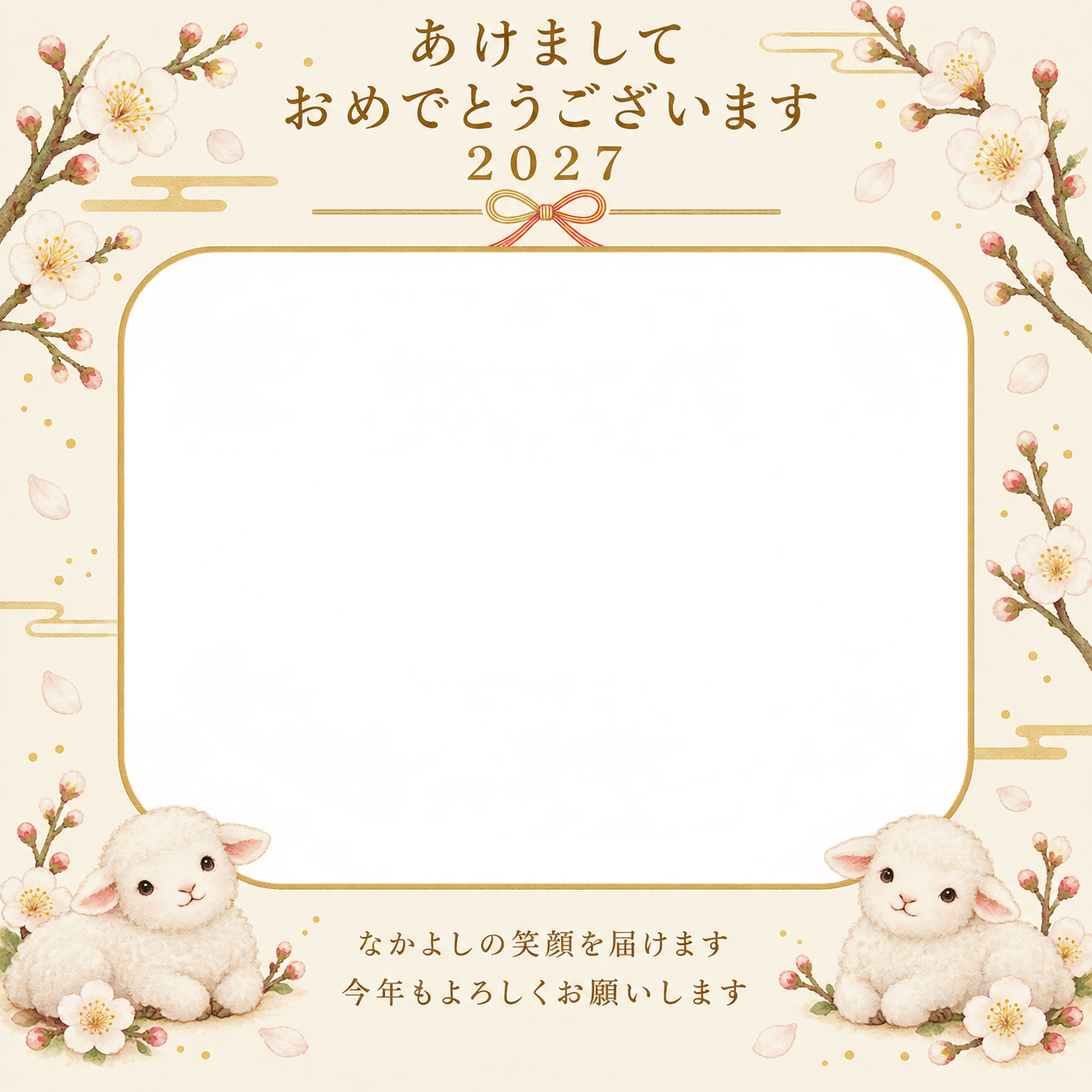 白梅と金の細枠の写真年賀状｜兄弟・姉妹の無料イラスト素材 99154に写真・文字を入れる