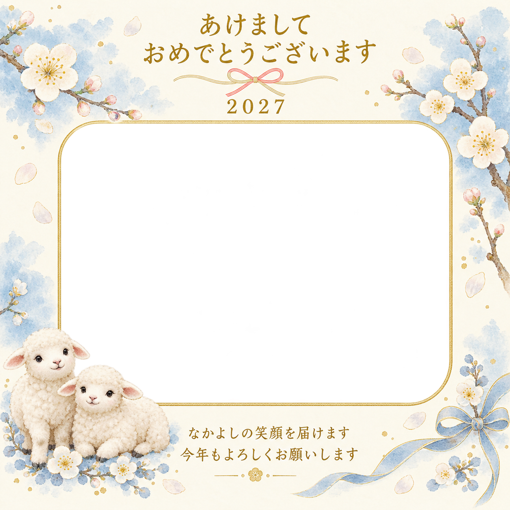 淡い青と白梅の写真年賀状｜兄弟・姉妹の無料イラスト素材 99156に写真・文字を入れる