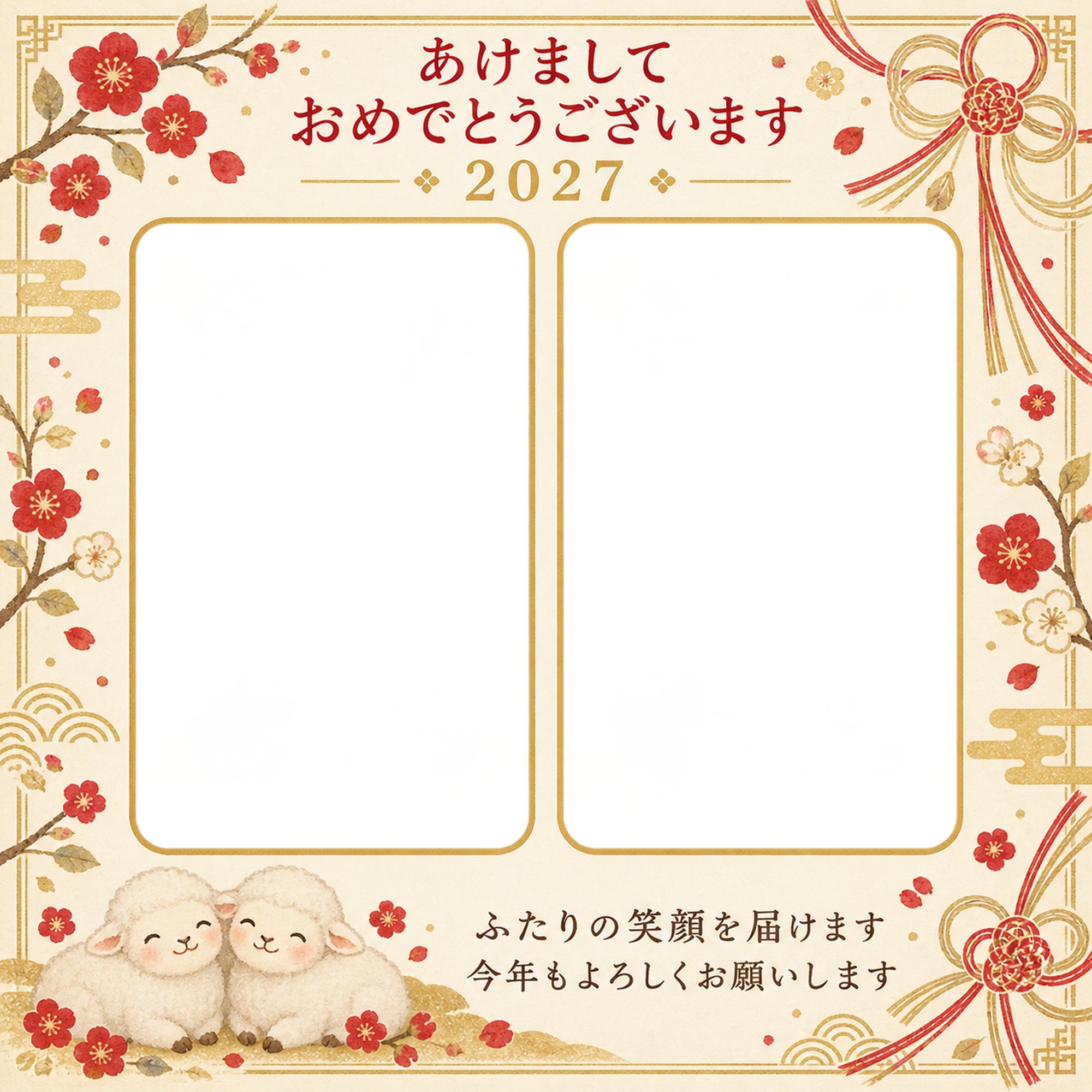 ふたりを結ぶ水引の写真年賀状｜兄弟・姉妹の無料イラスト素材 99157に写真・文字を入れる