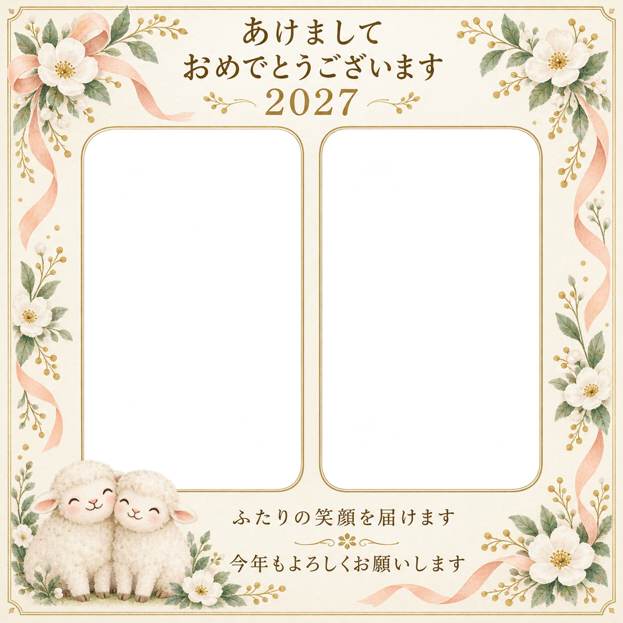 小花と桃色リボンの写真年賀状｜兄弟・姉妹の無料イラスト素材 99158に写真・文字を入れる