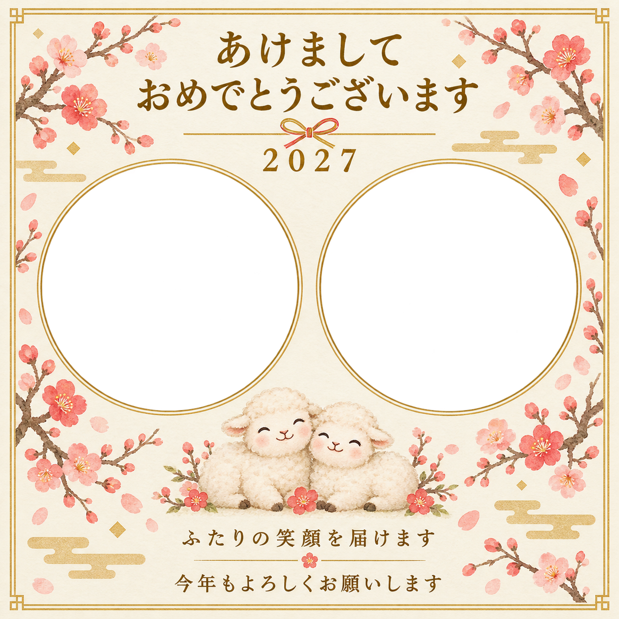 丸い窓と梅の枝の写真年賀状｜兄弟・姉妹の無料イラスト素材 99159に写真・文字を入れる
