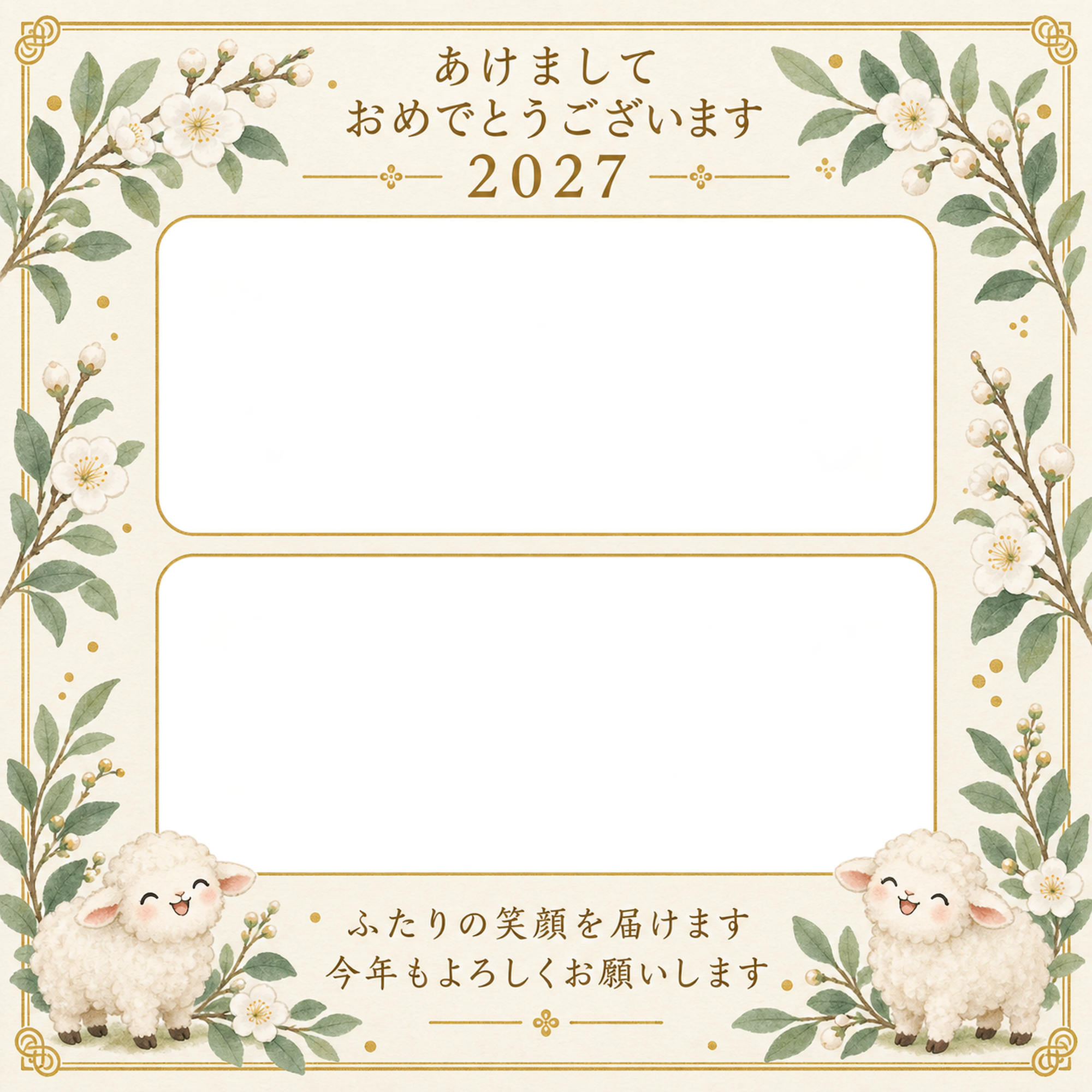 上下の写真と緑の葉の写真年賀状｜兄弟・姉妹の無料イラスト素材 99160に写真・文字を入れる