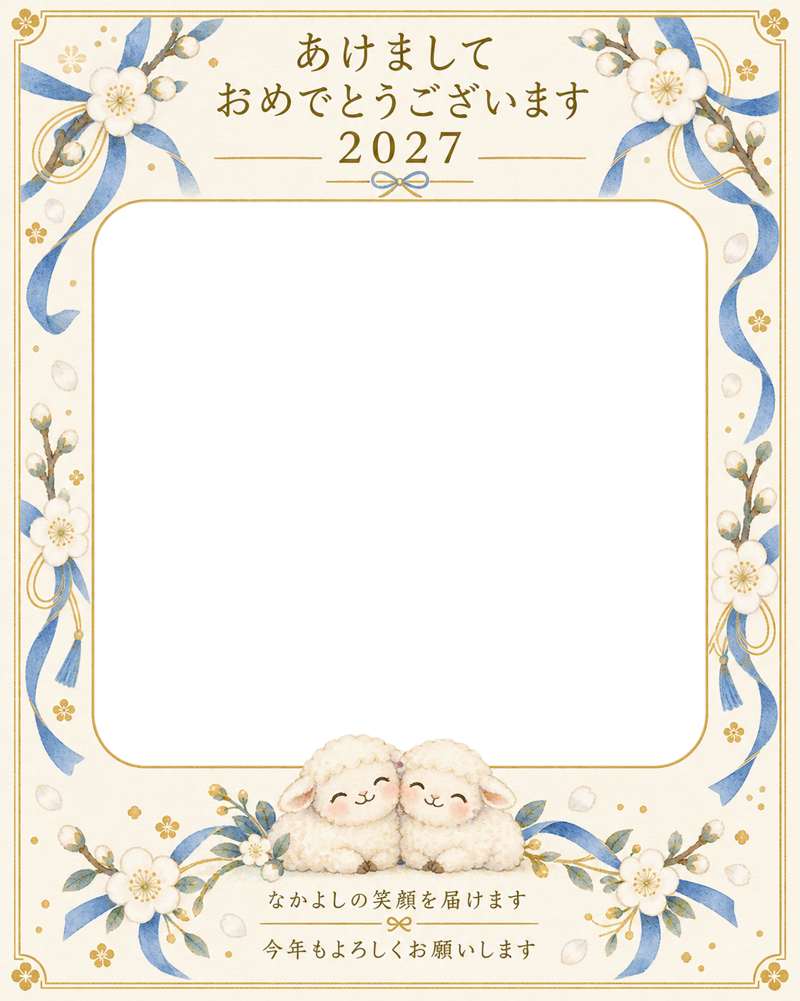 縦長の白梅と青い結び目の写真年賀状｜兄弟・姉妹の無料イラスト素材 99162に写真・文字を入れる