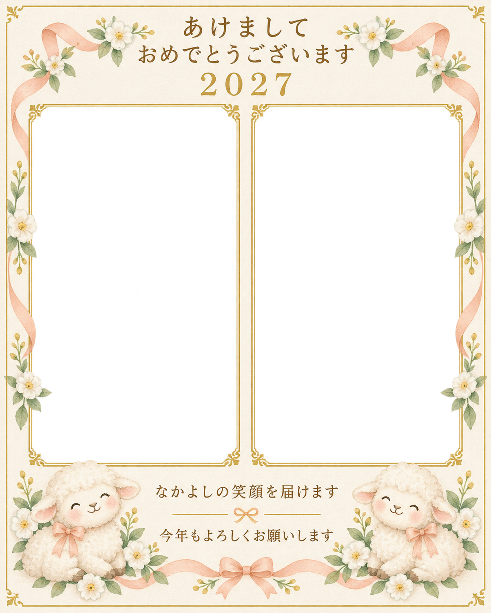 縦長のふたりのリボンの写真年賀状｜兄弟・姉妹の無料イラスト素材 99163に写真・文字を入れる