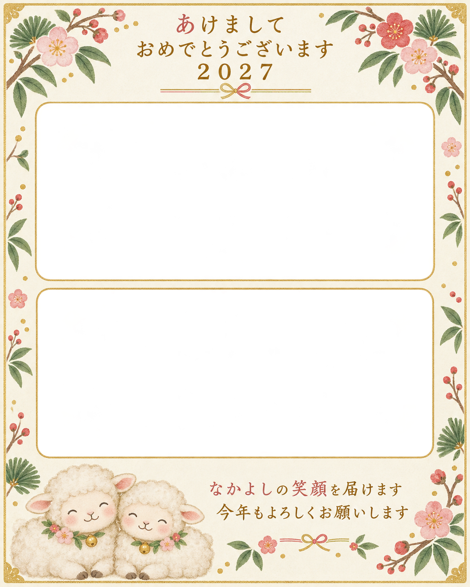 縦長の梅と葉の写真年賀状｜兄弟・姉妹の無料イラスト素材 99164に写真・文字を入れる